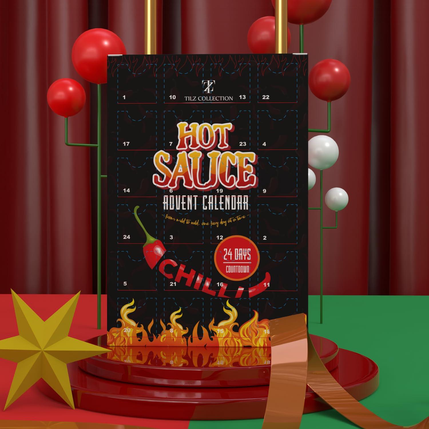 TILZ COLLECTION Hot Sauce Advent Calendar 2024-24 Days Chilli Sauce Advent Calendar, Food Advent Calendar 2024 Men, Hot Sauce Set, Non-chocolate Advent Calendar Women, Chilli Challenge Hot Sauce (Black)