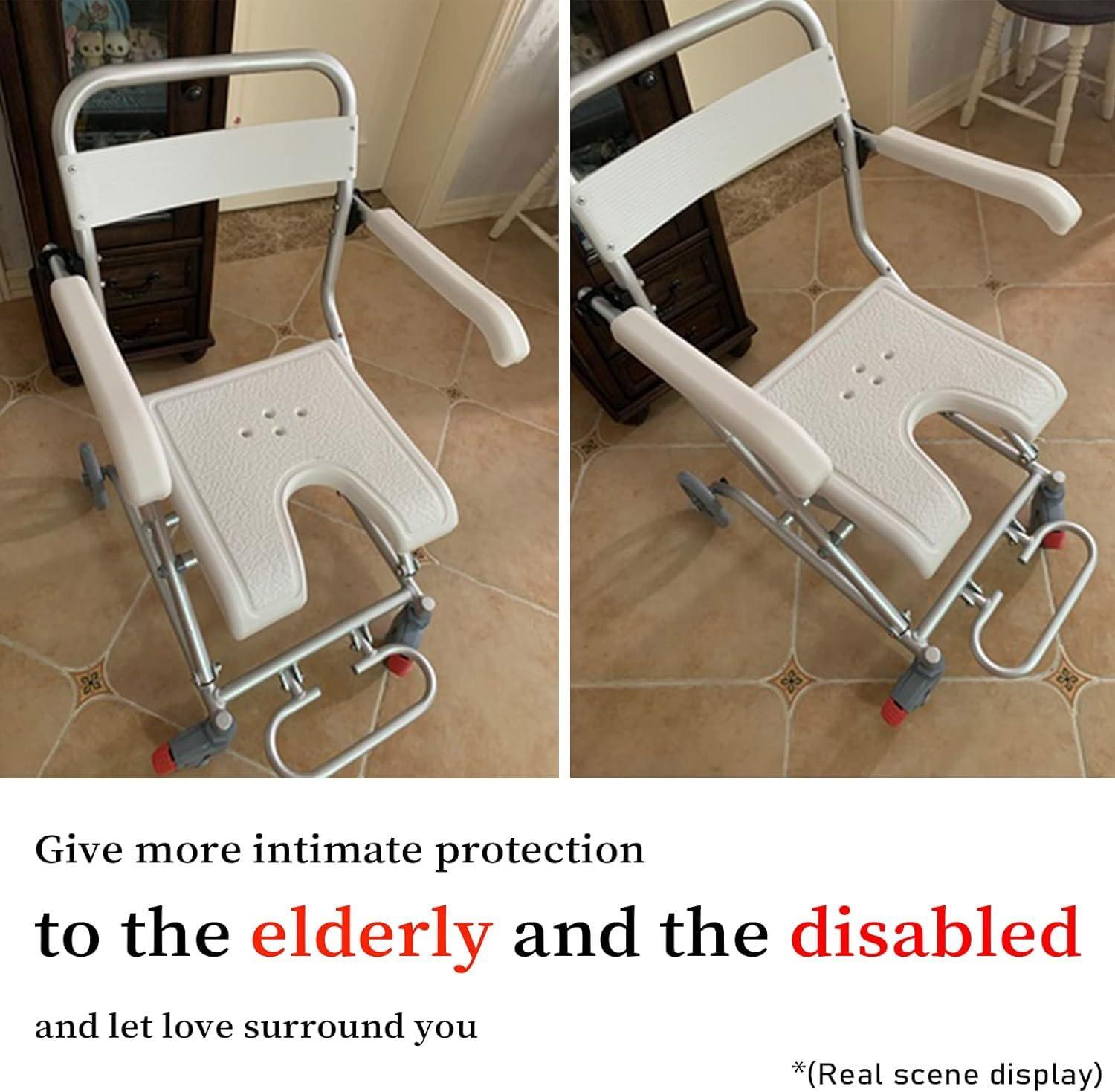 WETOBO Wheel Chair Shower Bath Stool Foldable with Wheels for Elderly and Disabled, Shower Stool with Flip-up Arms and Ergonomic Back - Wheelchair + Shower Chair Two in One
