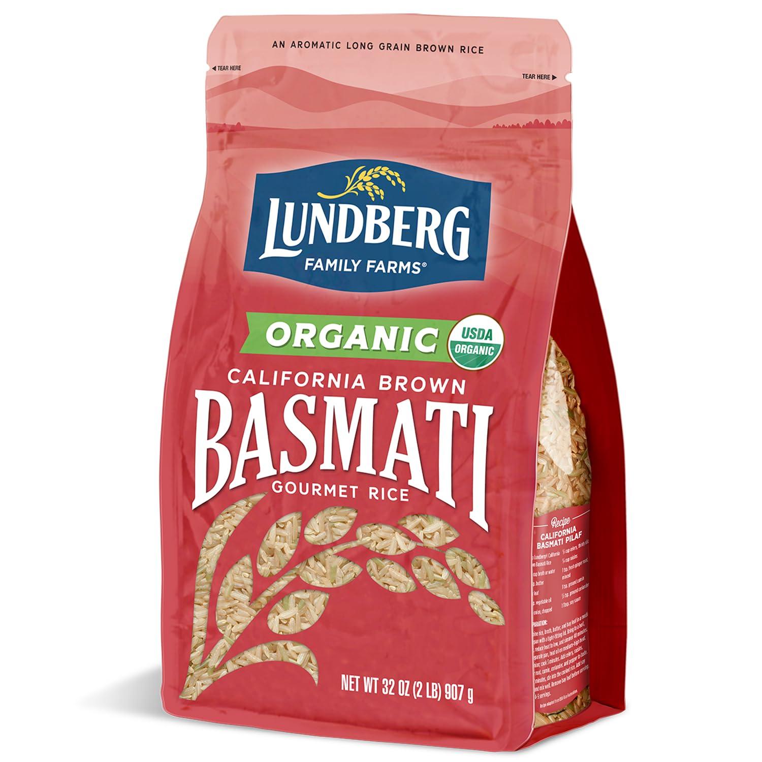 Lundberg Lundberg Basmati Rice, Organic Long Grain Brown Rice - Non-Sticky, Fluffy Aromatic Rice Grown in California, Pantry Staples, Chip Clip Included, 32 Oz