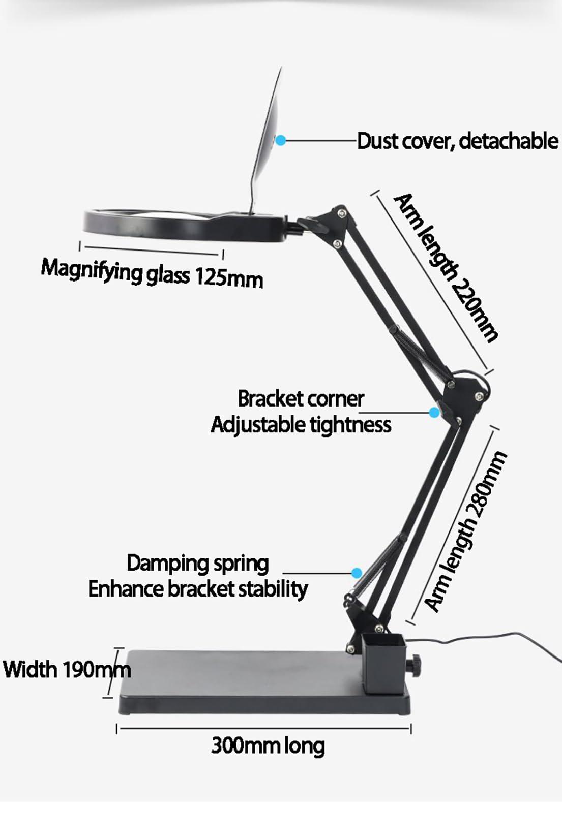 GLocKi Magnifying Glass with Light and Stand, 10X Magnifying Lamp, 5" Large Optical Glass Lens, Adjustable Swivel Arm Desk Magnifier for Hobby Reading