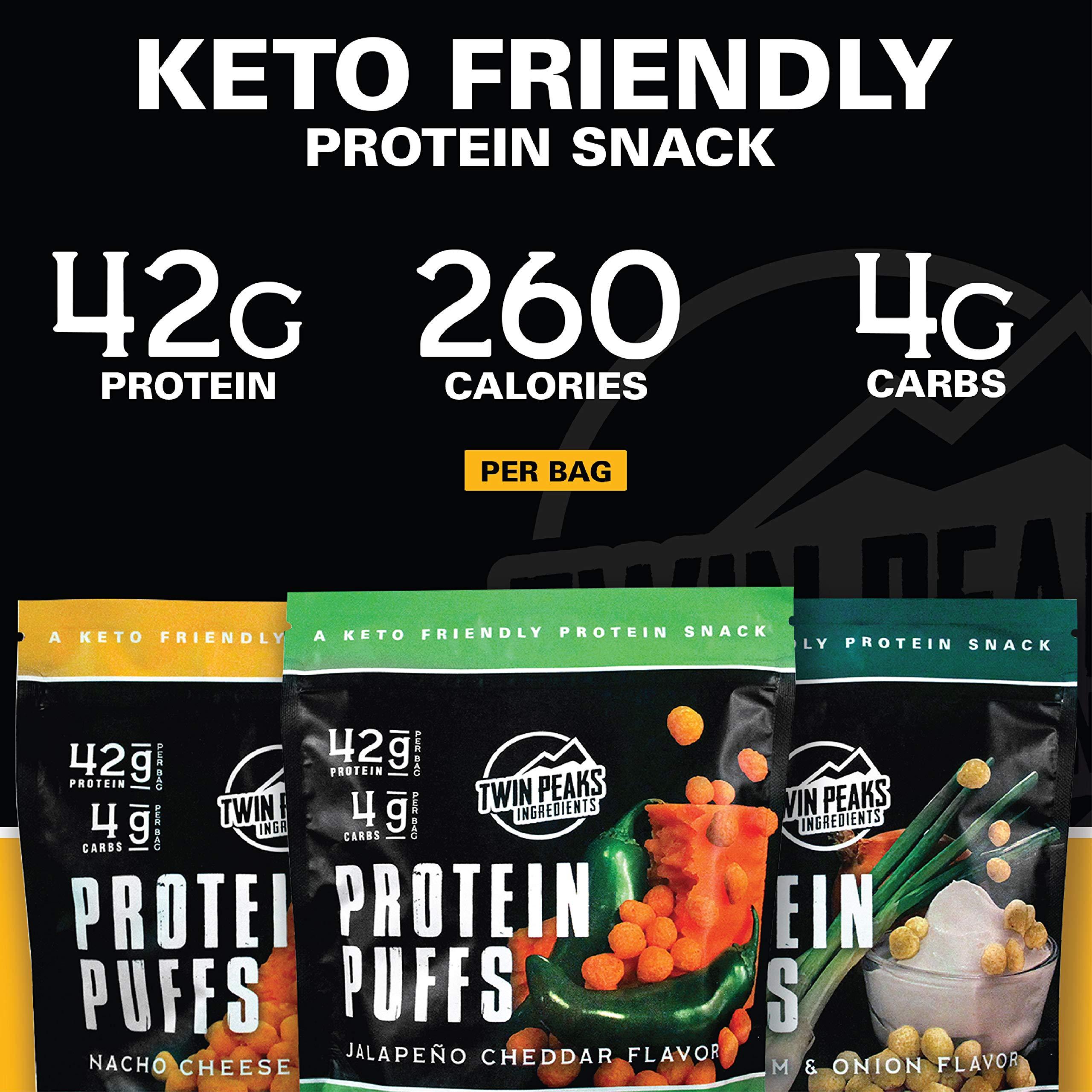 TWIN PEAKS INGREDIENTS Twin Peaks Low Carb, Keto Friendly Protein Puffs, 3 Bags of Assorted Flavor Puffs + 1 Jug Nacho Cheese Flavor Puffs