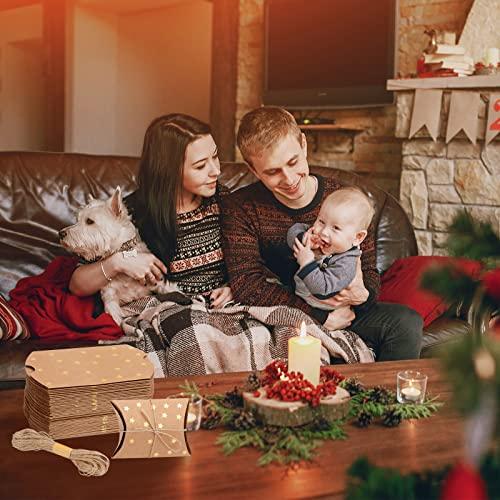 WANGDEFA 100 Pieces Small Gift Pillow Boxes Pillow Boxes for Gifts Kraft New Year Gift Box Christmas Pillow Boxes Pillow Gift Boxes with Jute String for Wedding New year Present and Birthday Party Favor