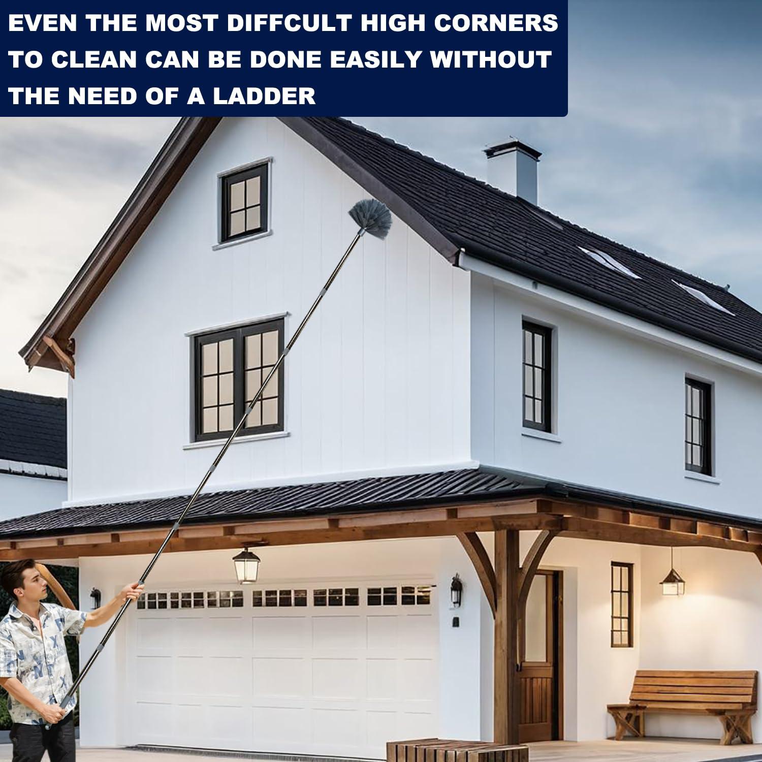 Tockrop 20+ Feet High Reach Duster Kit with 3-14 ft Extension Pole for Cleaning Fan, Spider Web, High Ceiling, Blinds, Furniture, Cars - Cobweb Microfiber Duster // Outdoor & Indoor Extendable Duster