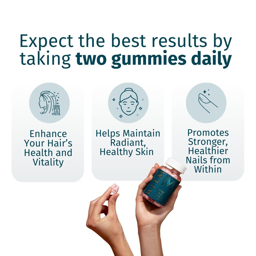 WEEM WEEM Hair Skin and Nails Gummies - Supports healthy hair - Vegan biotin Vitamins for Women & Men Supports Faster Hair Growth, Stronger Nails, Healthy Skin, Extra Strength (3)
