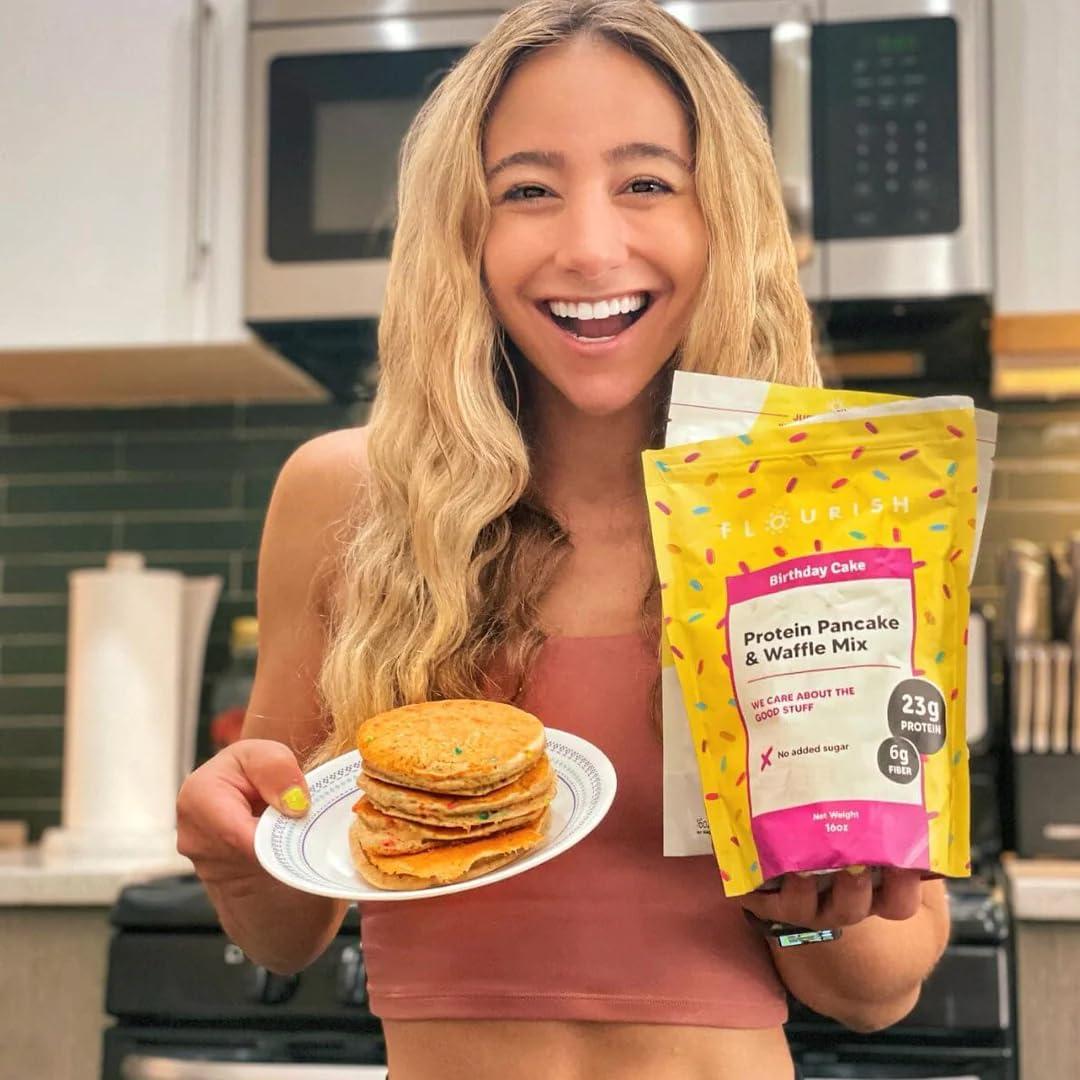 Flourish Flourish - Protein Pancake & Waffle Mix, Whey Protein Isolate & Flax Seed, Non-GMO, No Added Sugar, Superfood, High Protein & Fiber, Just Add Water - Birthday Cake, 16oz