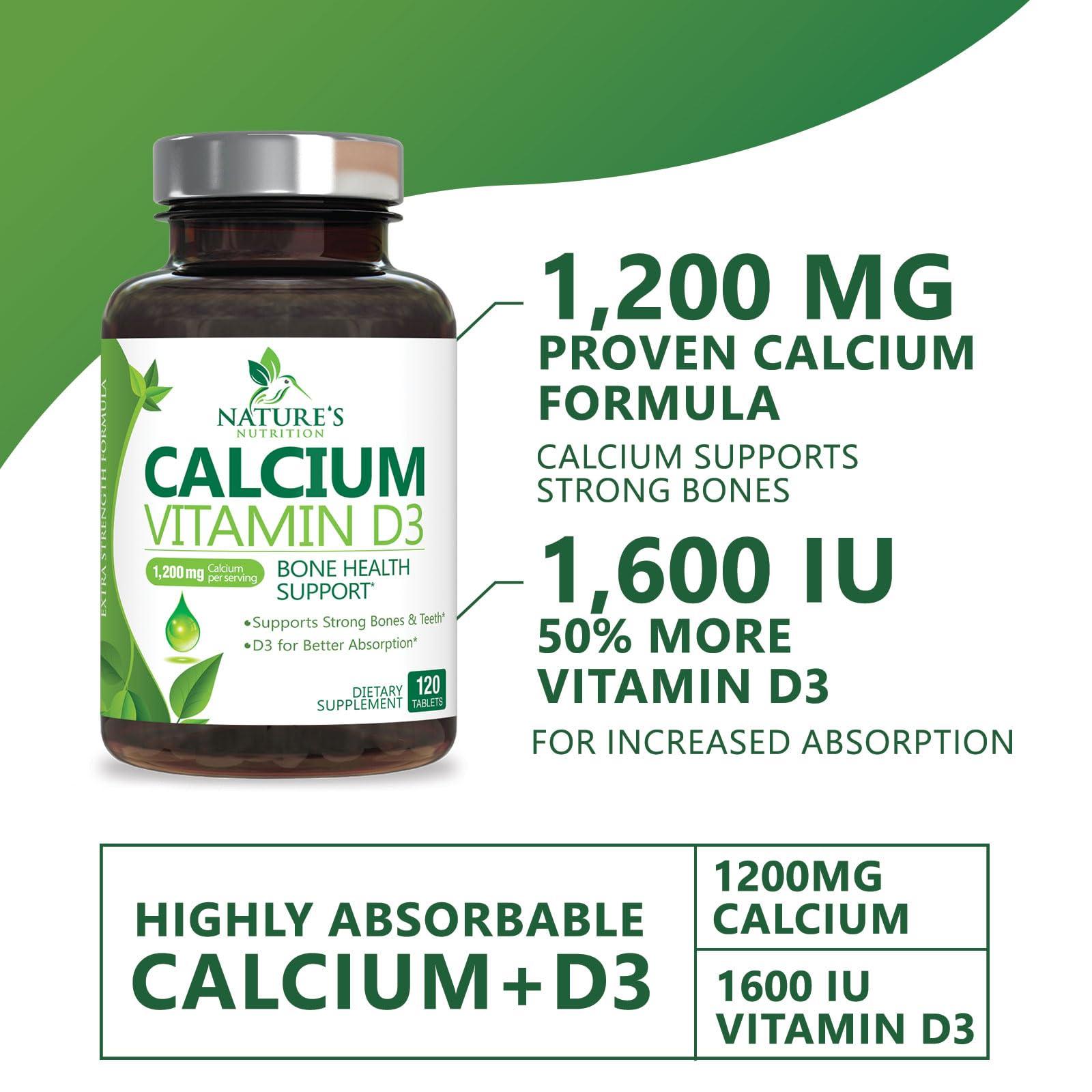 Nature's Nutrition Calcium 1200 mg with Vitamin D3, Calcium Supplement Vitamins, Supports Bone Strength, Teeth & Immune System, Calcium Supplements for Women & Men, Nature\'s Absorbable Calcium Carbonate - 120 Tablets