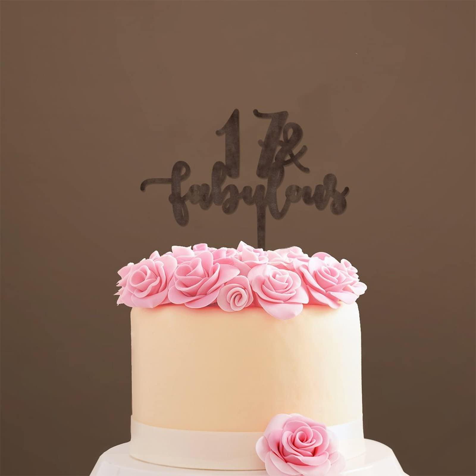 WengBeauty 17 & Fabulous Cake Toppers Brown Wood 17th Birthday Party Decorations Happy Birthday Cake Topper Customized Age Birthday Cake Decoration Birthday Cake for Birthday Party Decoration Ideas