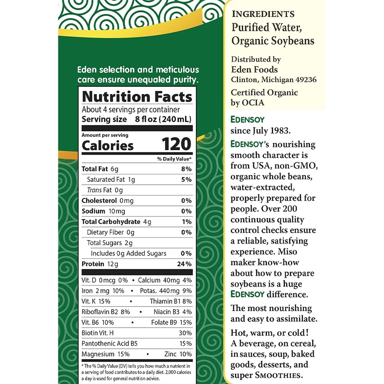 Eden Edensoy Unsweetened Eden Organic Soymilk, Non-GMO, USA Whole Soy (Soya) Milk, Non-Dairy, Vegan, Plain, Shelf Stable, 32 oz