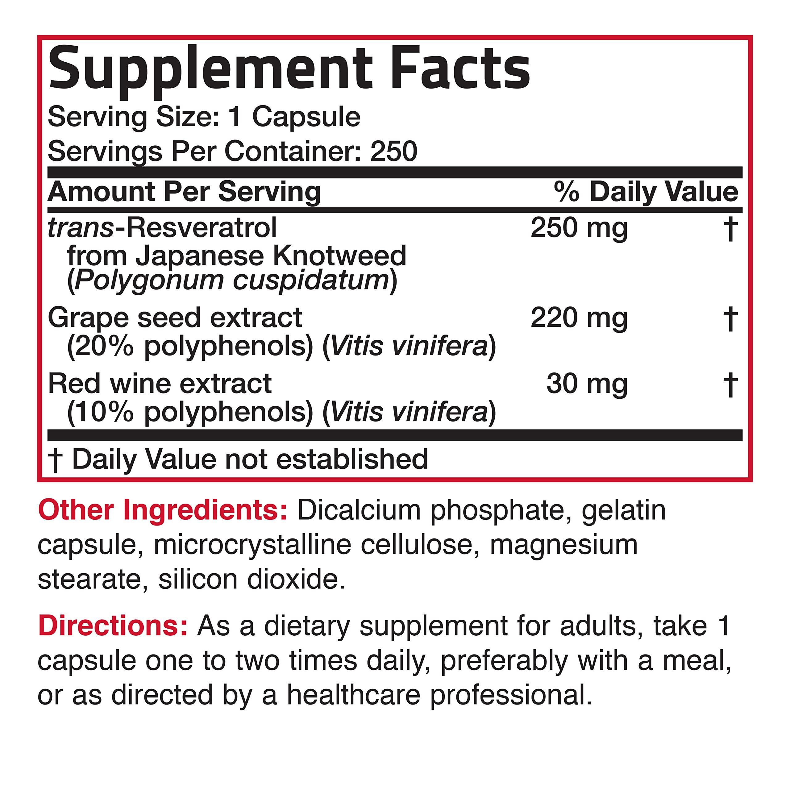 Bronson Bronson Resveratrol 500 Complex Standardized Trans-Resveratrol + Grape Seed & Red Wine Extract, 250 Capsules