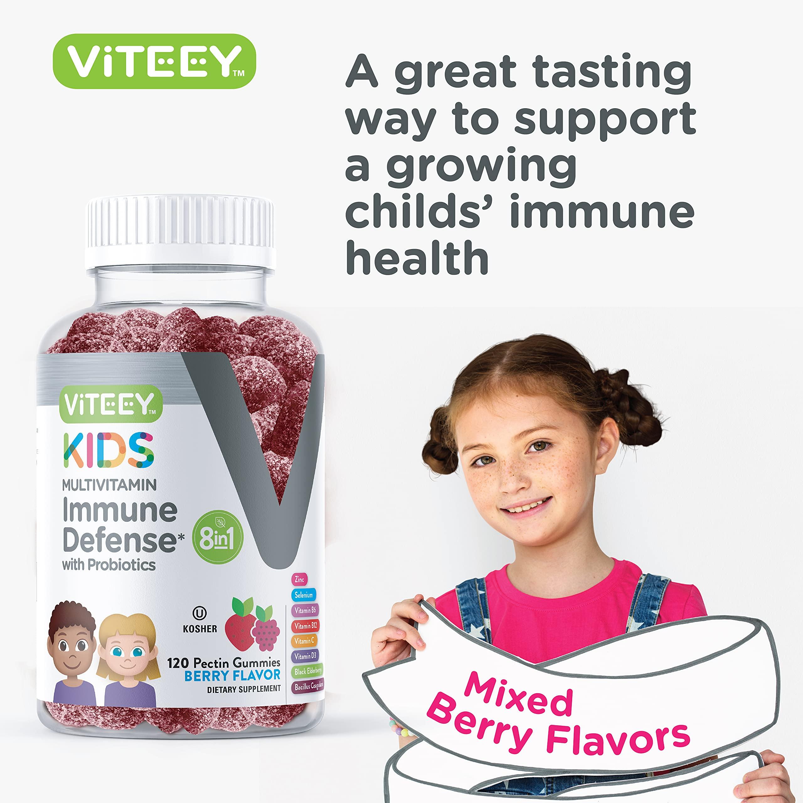 Viteey Kids Multivitamin Gummies with Probiotics - 8-1 Kids Vitamins for Immune Health Support with Vitamin C, D3, B12, B6, Zinc, Elderberry, Selenium - Vegetarian - Chewable Tasty Berry Flavored Gummy