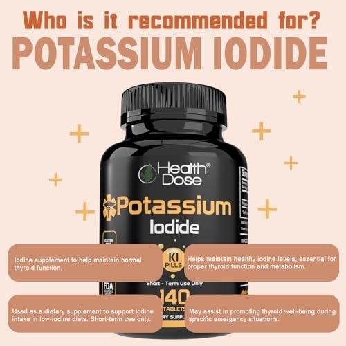 Health Dose Health Dose Potassium + Iodide (KI) Tablets 130mg 140 Tablets for Thyroid Support, Cellular Metabolism & Electrolyte Balance Non-GMO, Gluten-Free, GMP Certified, Pack of 2