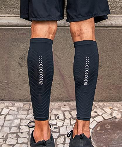 wavewear wavewear Calf Compression Sleeve with Built-in Kinesiology Tape - Support for Leg Swelling and Cramping during Workouts and Sports - for Men and Women (L, Black/Silver, 2)