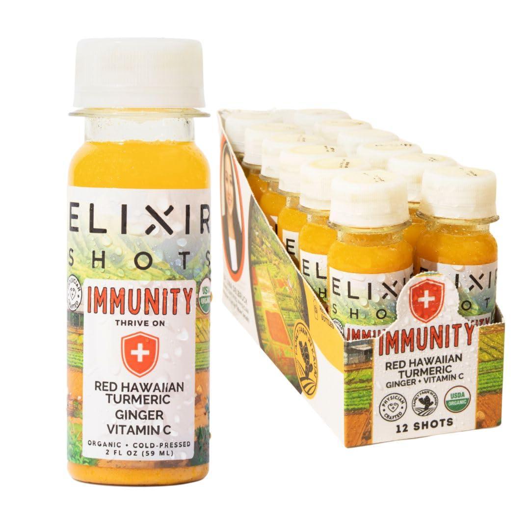 Elixir Shots Elixir Shots, Immunity Boost Wellness Shot with Cold-Pressed Turmeric, Ginger, Orange and Black Pepper, No Added Sugars or Artificial Ingredients,12-pack