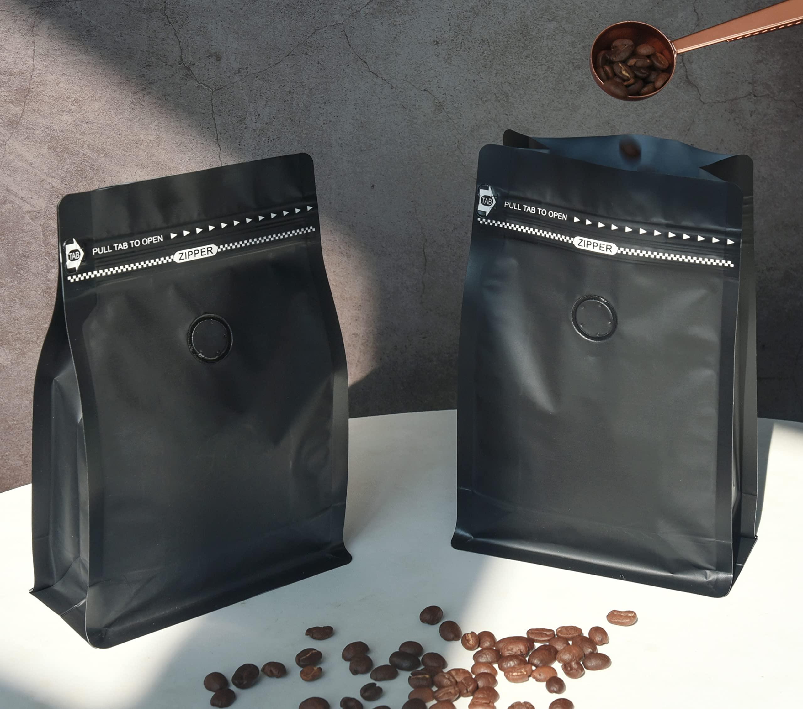 felipack Black Coffee Bags with Valve (Pack of 100, 16oz/1 lb Size) - High Barrier Aluminum Foil - Flat Bottom Coffee Pouches with Rsealable Zipper & Easy Open Tape