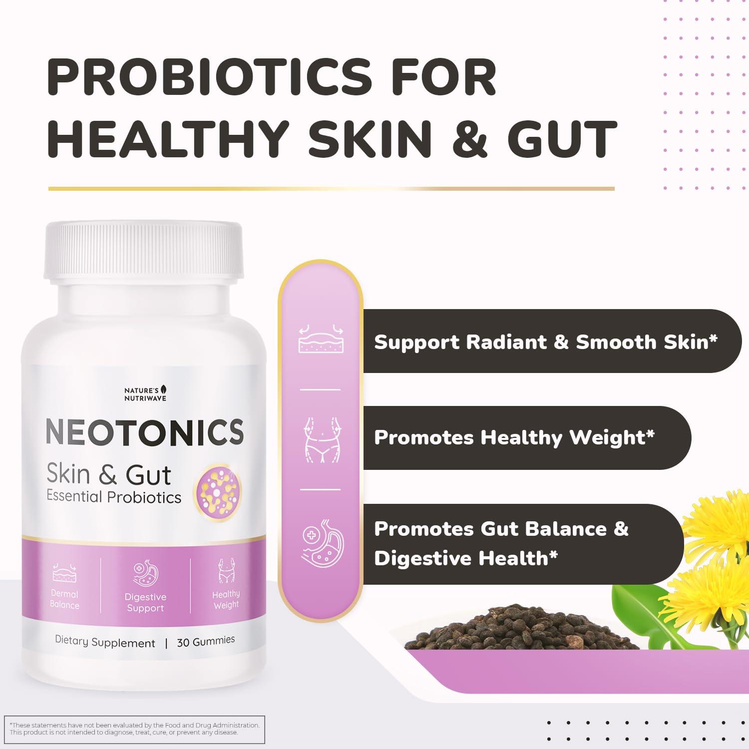 Natures NutriWave Neotonics Skin and Gut Gummies - 100% Natural Probiotic Gummies, Chewable Probiotics for Digestive Health & Skin Health, Daily Probiotics for Women & Men - Apple Flavor, 30 Gummies, 1 Month Supply