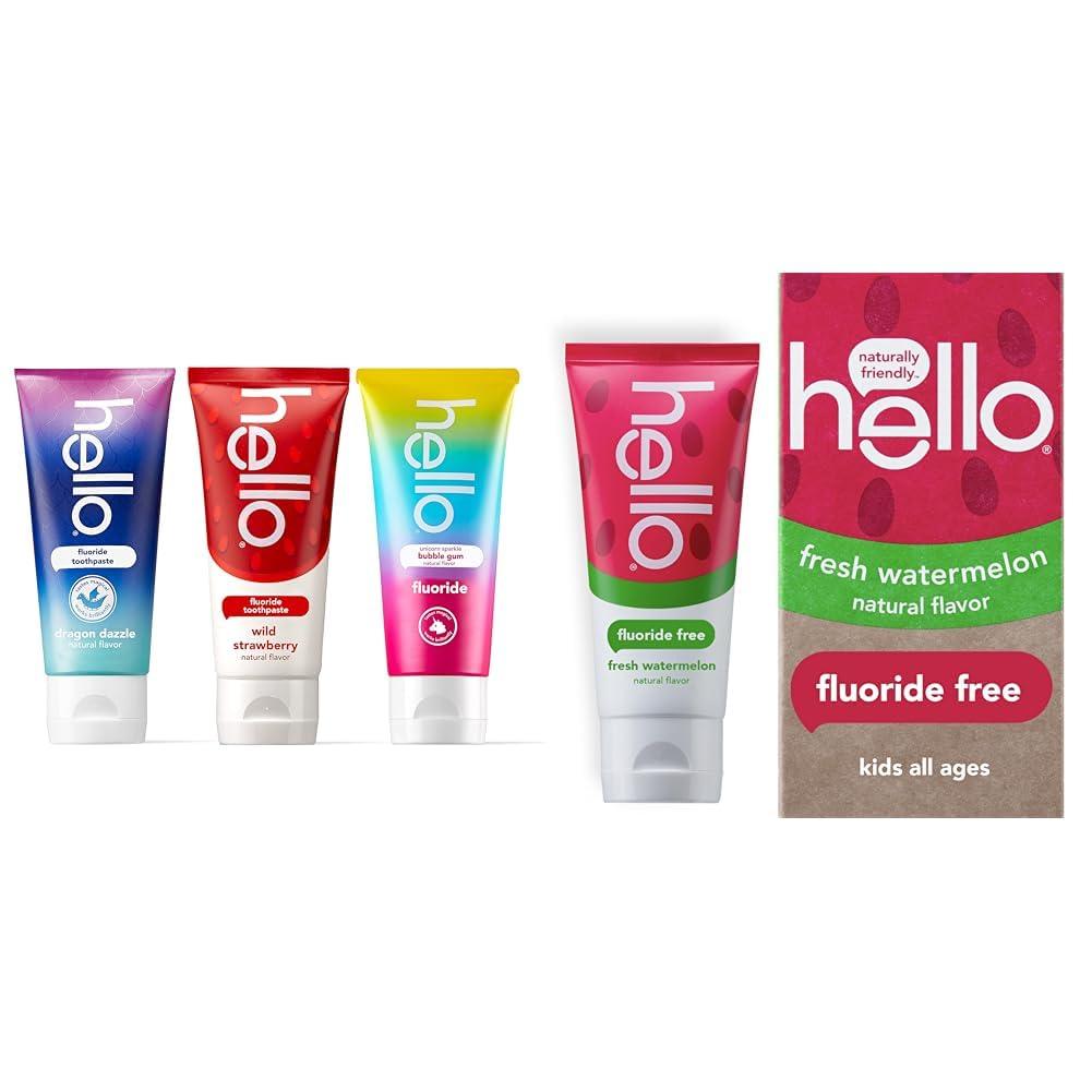 hello hello Variety (Unicorn, Strawberry, Dragon) Fluoride Kids Toothpaste, Anticavity, Natural Flavors, Vegan, SLS Free, Gluten Free, Ages 2+, 4.2 Ounce (Pack of 3) & Kids Natural Watermelon Fluoride