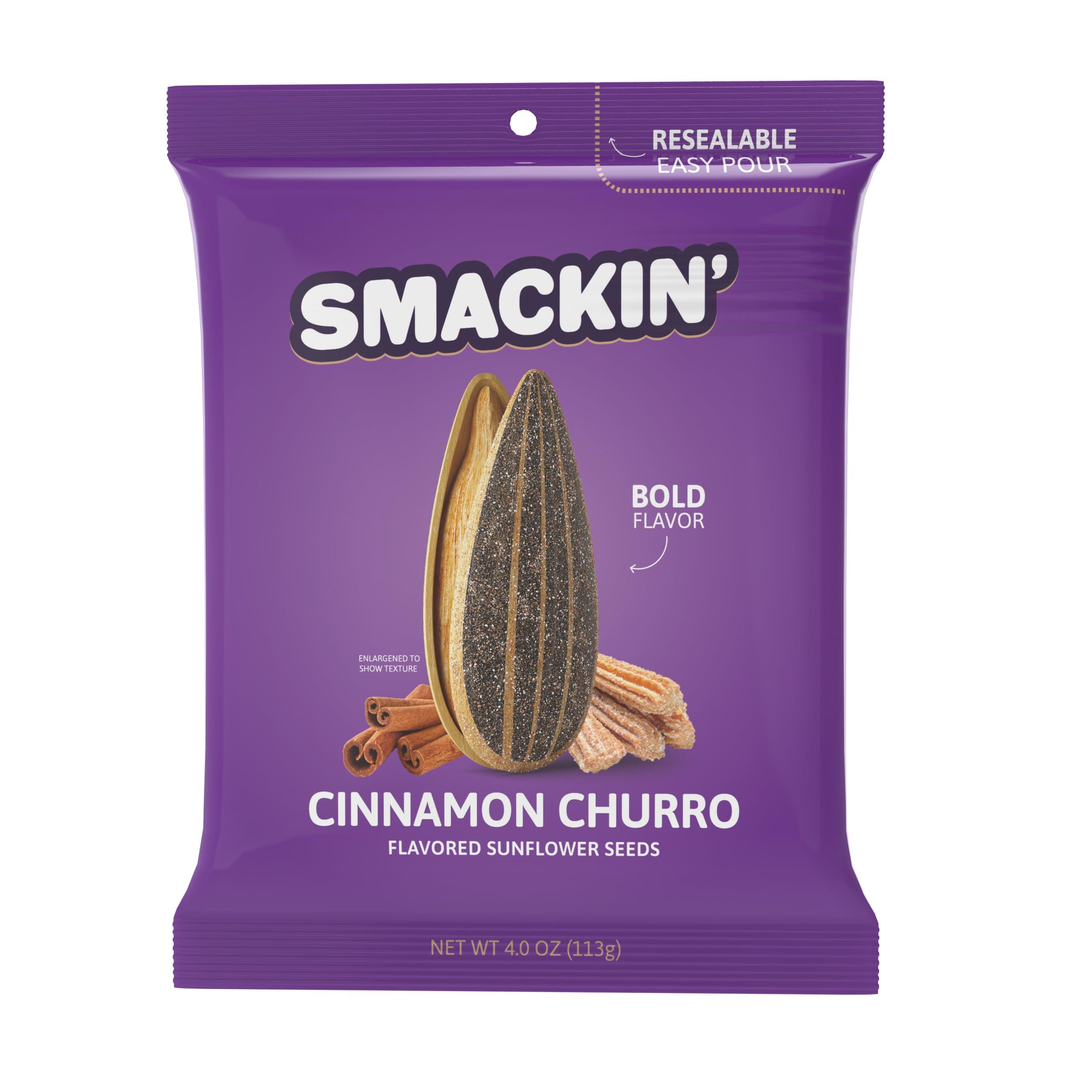 SMACKIN\' Sunflower Seeds SMACKIN\' Sunflower Seeds, Roasted Jumbo Small-Batch, American Made - Cinnamon Churro. 4oz bags (12 Pack)