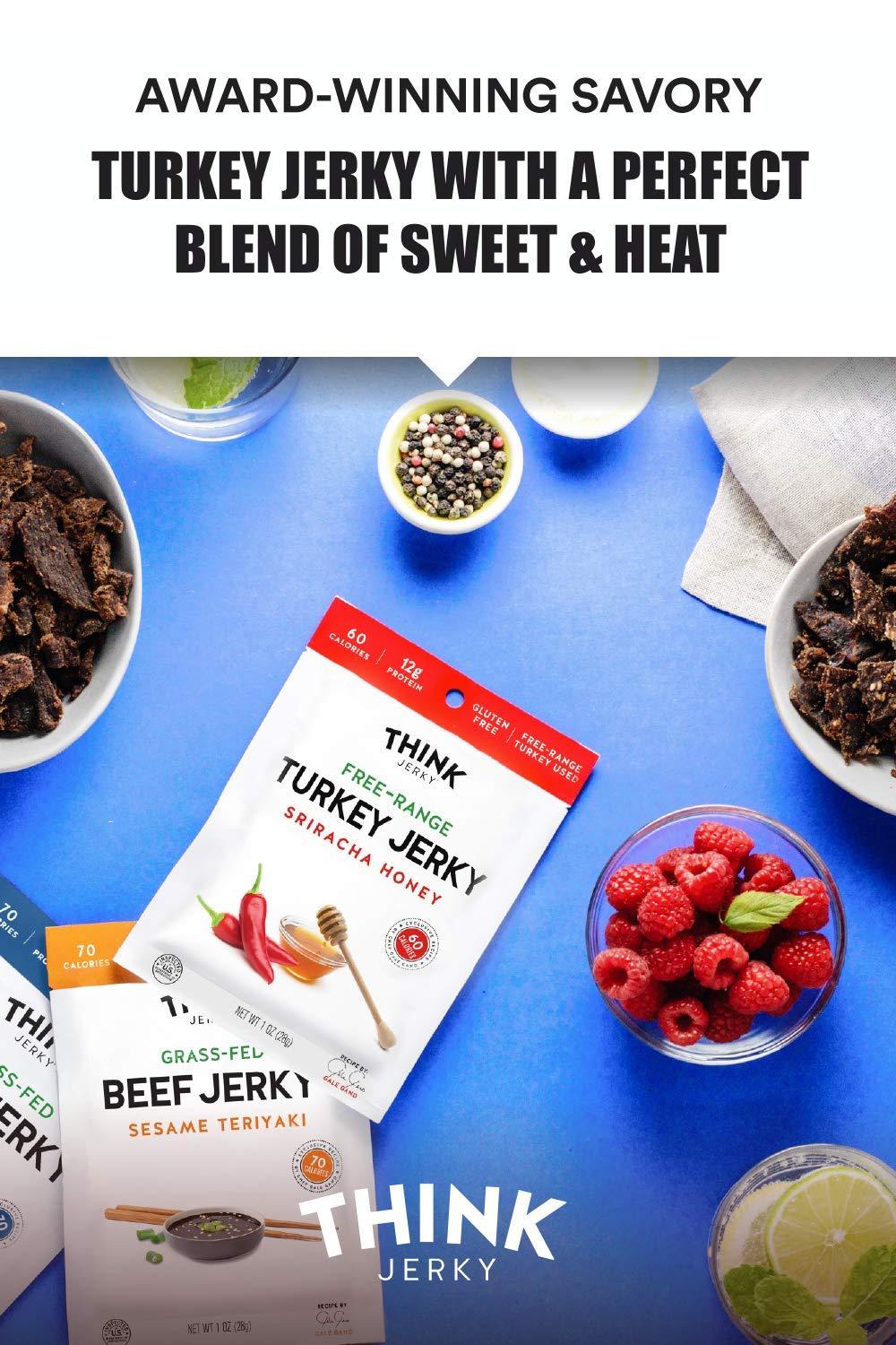 Think Jerky Think Jerky, Beef and Turkey Jerky Variety Pack (1.0 Ounce Bags, Pack of 8) Contains 2 Bags of Each: Classic Beef Jerky, Sweet Chipotle Beef Jerky, Sriracha Honey Turkey Jerky, and Sesame Teriyaki Beef Jerky - Healthy Jerky Snack, Low Calorie, Low Fa
