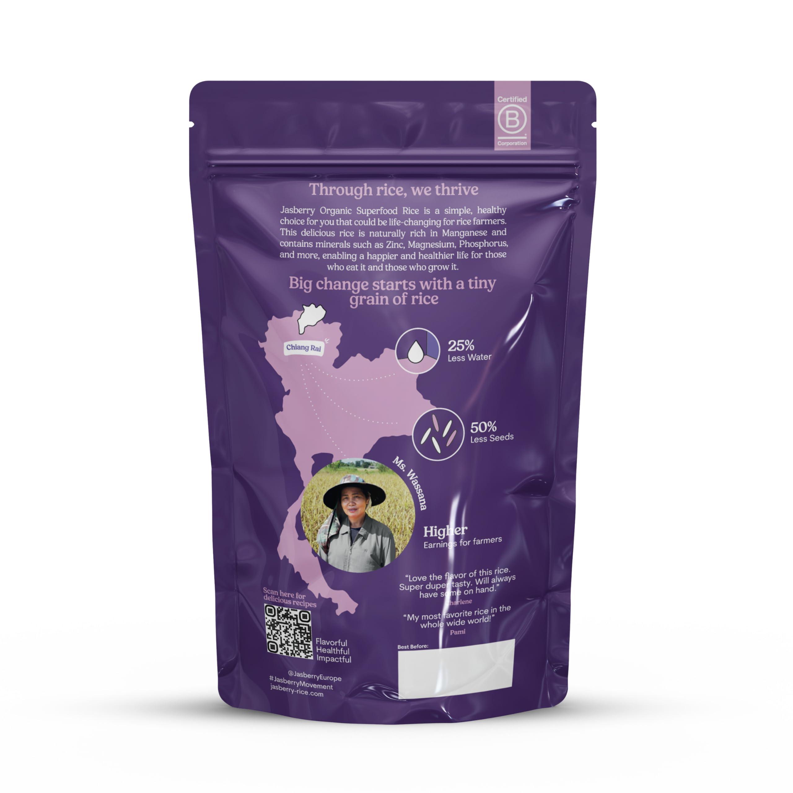 Jasberry Jasberry - Organic Superfood Rice, Soft & Aromatic Whole Grain Purple Rice, High in Antioxidants, Non-GMO, Gluten-free, Easy to cook, Versatile USDA Certified Organic, Vegan (15 Oz Resealable Zip Bag)