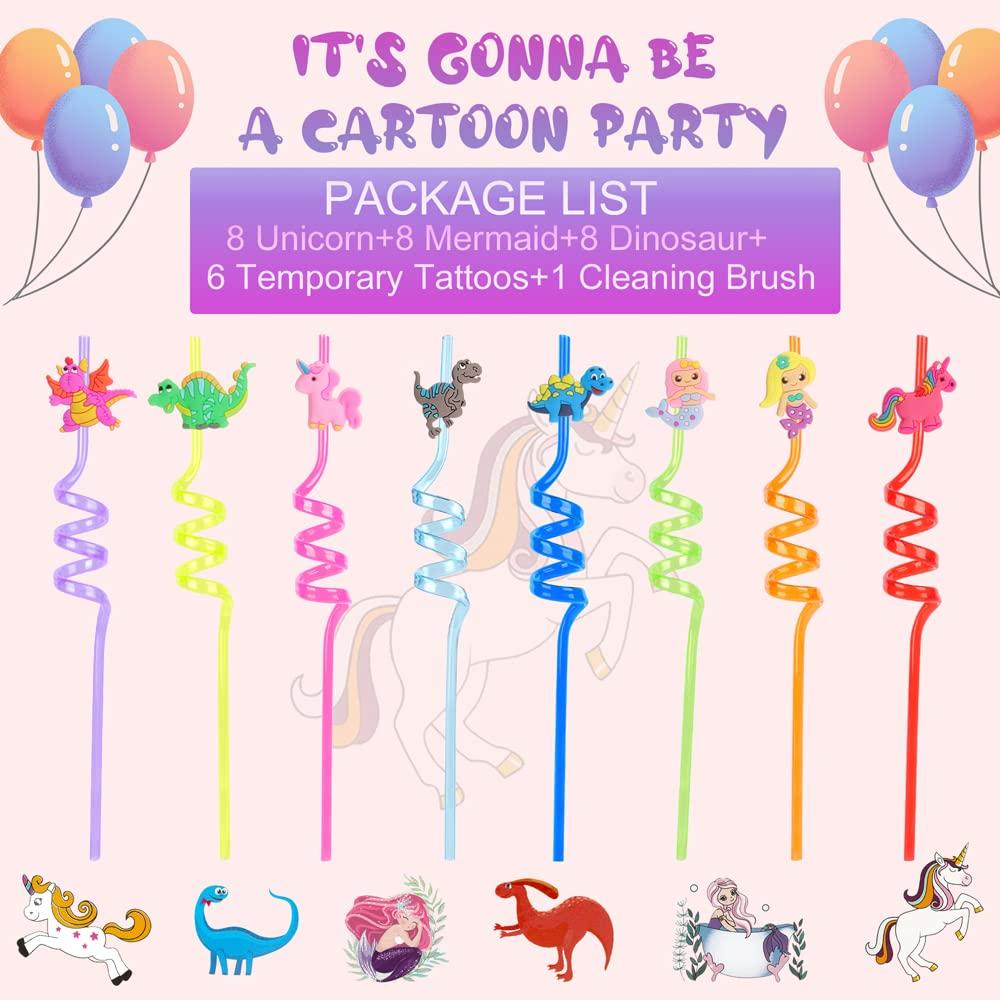 DLSMDOUS 24 Reusable Drinking Plastic Straws + 6 Temporary Tattoos or 6 Silicone bracelets for Girls and Boys Birthday Party Decorations with Unicorn,Mermaid,or Dinosoaur,plus 1 Cleaning Brush