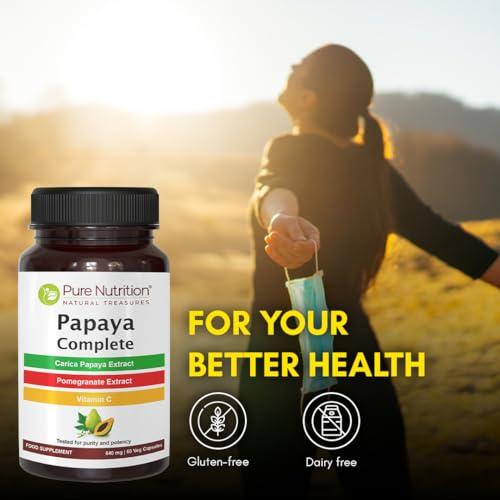 PURE NUTRITION NATURAL TREASURES PURE NUTRITION NATURAL TREASURES Papaya Complete - 120 Veg Capsules. (Supports Platelet Immunity & Digestion) Each Capsule Contains 500mg Carica Papaya Fruit and Leaf Extract | 120 Days Supply