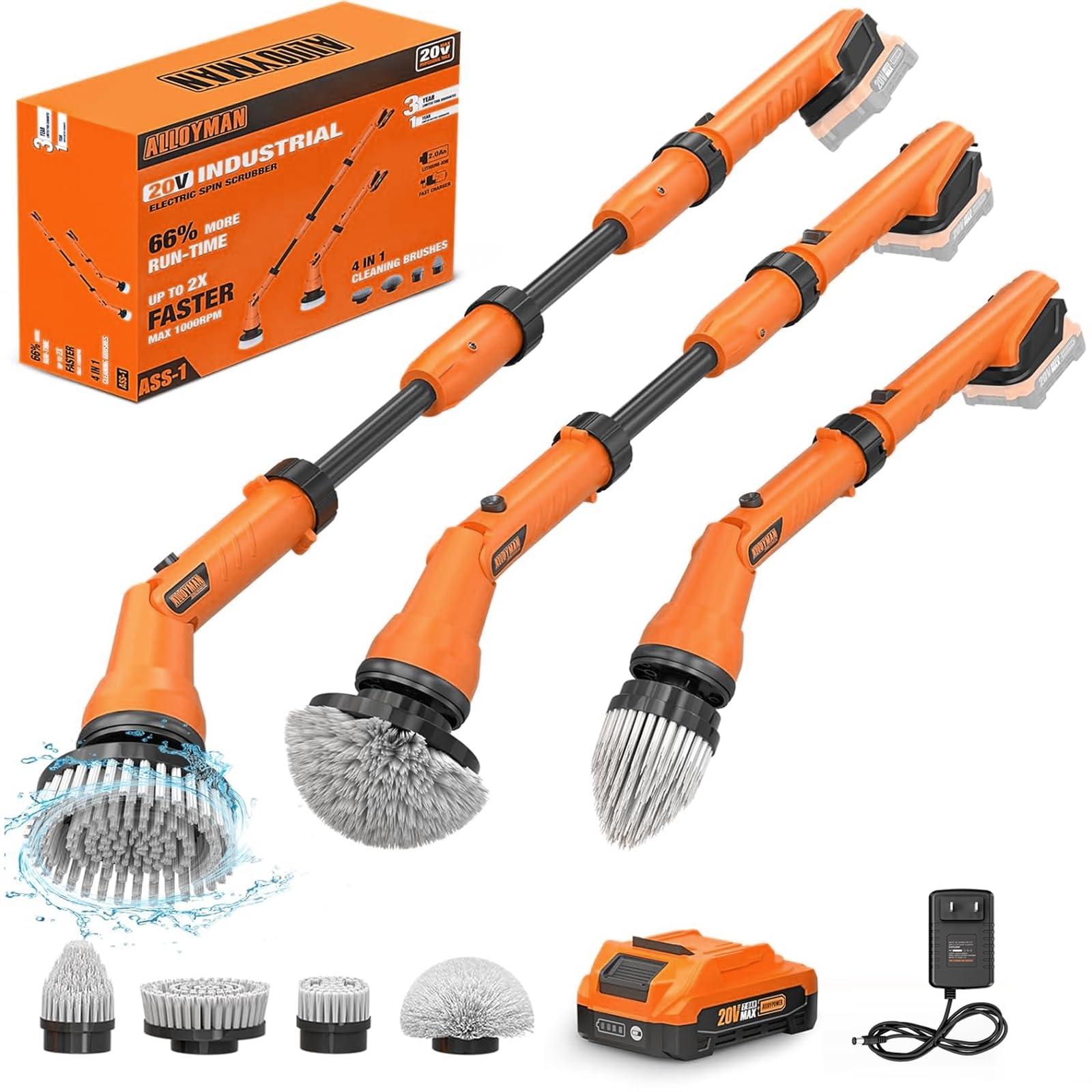 Alloyman 1000RPM Electric Spin Scrubber, 20V Cordless Cleaning Brush with Adjustable Extension Arm, 4 Replaceable Cleaning Heads, Hook and Gloves, 1 Hour Fast Charge, Waterproof - for Bathroom/Tub/Tile/Floor