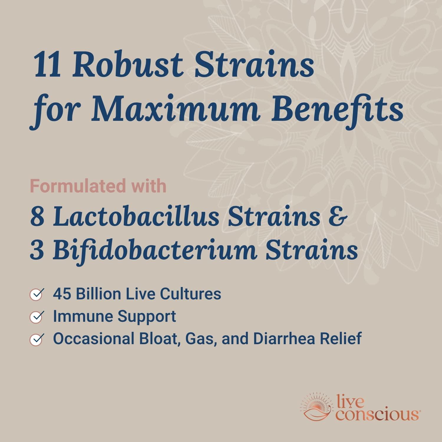 Live Conscious Live Conscious PRO45: Probiotic Formula, 45 Billion CFU, 11 Comprehensive strains. Dairy Free. Delayed Release Veggie caps. Promotes Immune and Digestive Health. 60 Capsules (2-Pack)