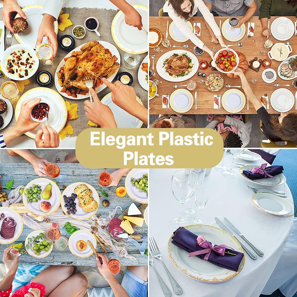 IUMÉ Plastic Plates, 100 Piece Gold Heavy Duty Plastic Dinner Plates, 10.25inch Disposable Plastic Dinnerware Plates and 7.5inch Dinner Dessert Plates Tableware Sets Disposable Plates for Wedding,Party