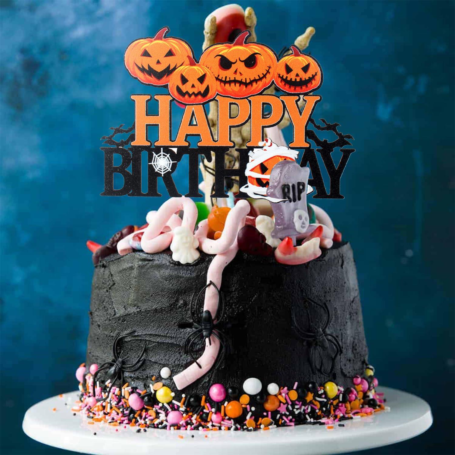 LHCING Halloween Happy Birthday Cake Topper - Halloween Birthday Pumpkins Black Glitter Cake Topper - Halloween Kids Birthday Party Friday The 13th Party Cake Derocation