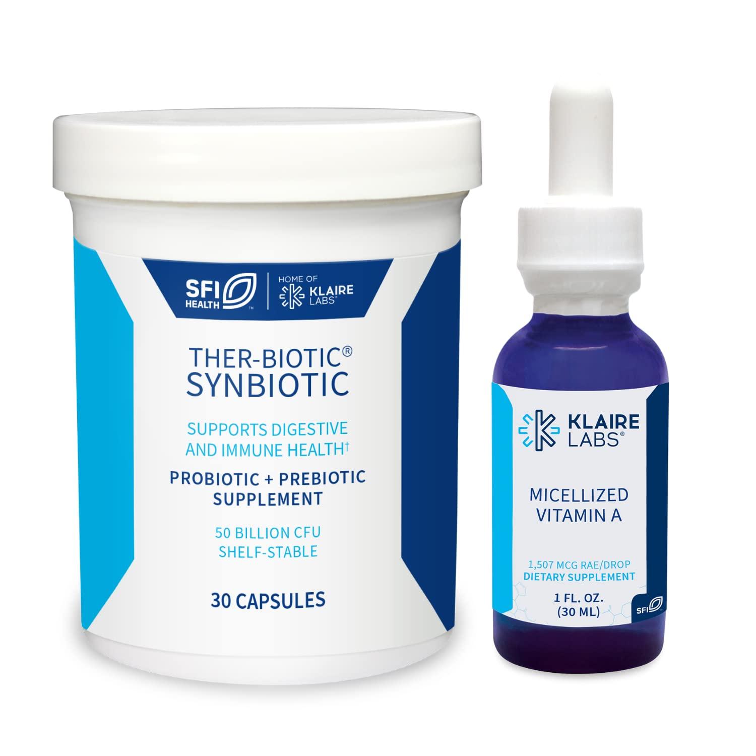 Klaire Labs Klaire Labs Ther-Biotic Synbiotic Probiotic (30 Capsules) & Micellized Vitamin A Liquid (1 oz / 600 Servings) 5000 IU Bundle - Digestive Health & Immune Support - Hypoallergenic 2 Product Set