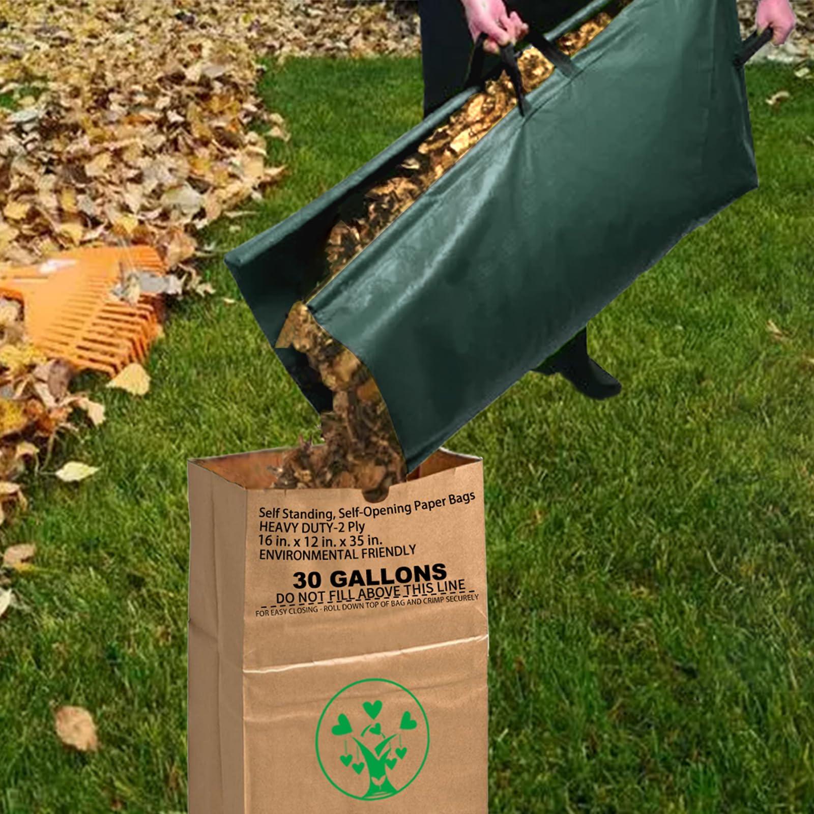 AimGrowth AimGrowth Leaf Collector Tripod Bag and Lawn Leaf bag Kit with leaf scoops | 10 Count 30 Gallon 2-Ply Heavy Duty Self Standing Kraft Paper Bags Yard Waste Bag for Grass Clippings Wet Dry Leaves