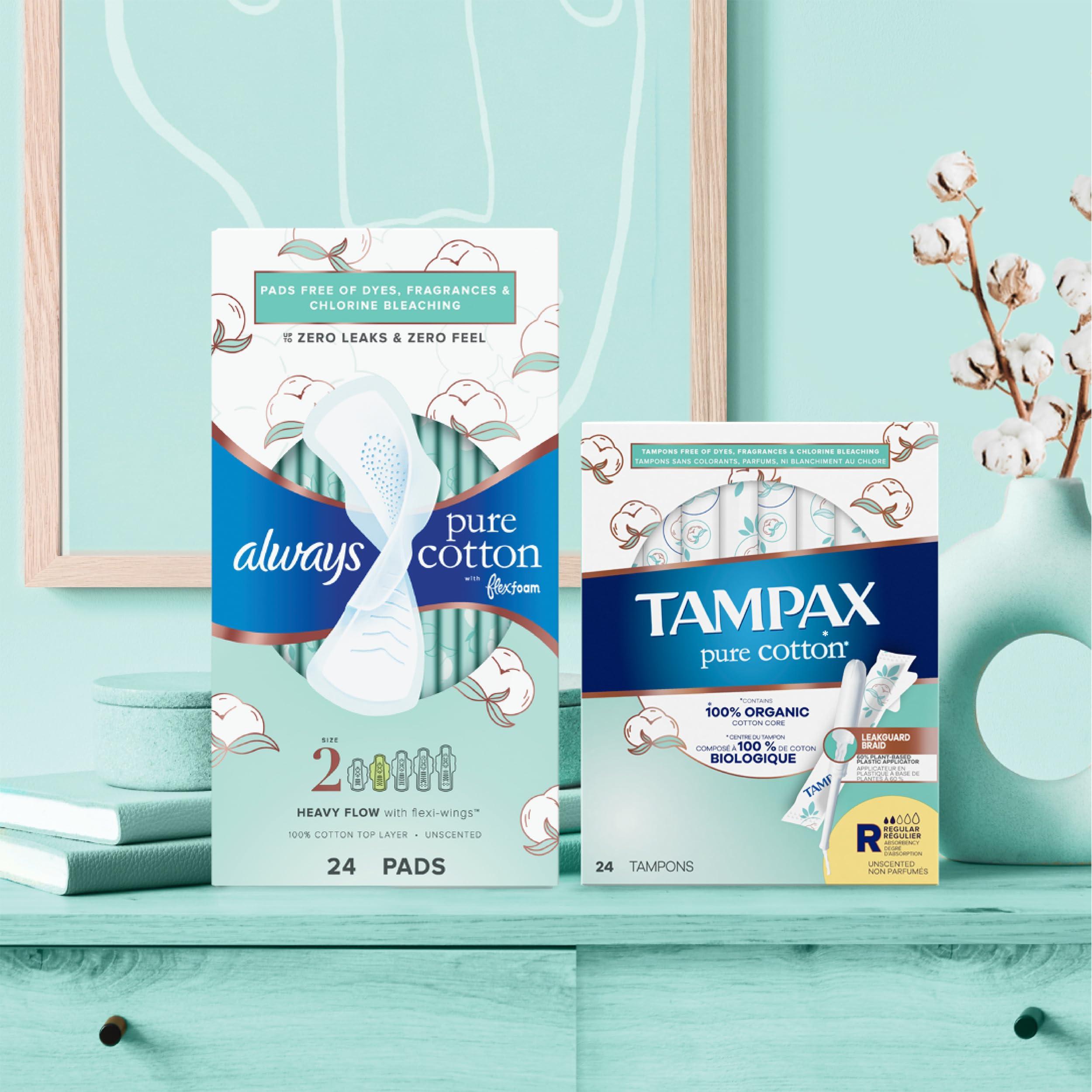 Tampax Tampax Pure Cotton Tampons, Contains 100% Organic Cotton Core, Regular/Super Absorbency, unscented, 22 Count x 3 Packs (66 Count Total)