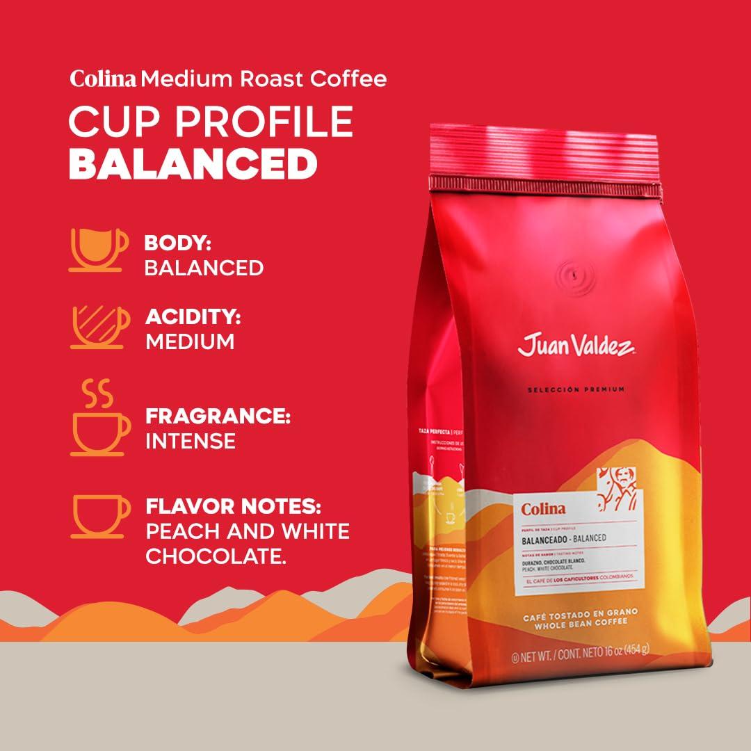 Juan Valdez Juan Valdez Colina Whole Bean Coffee, Balanced Roast 16 OZ - Premium Colombian Coffee - Unique Caracolito beans produce a coffee of balanced flavor and mild texture