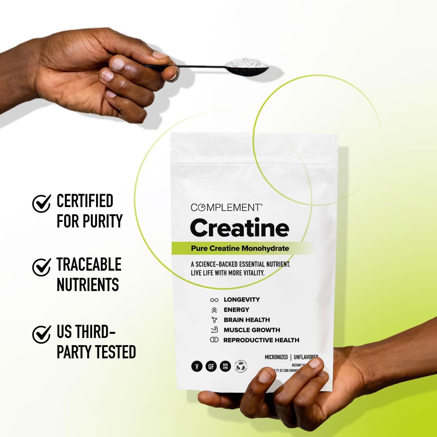 Complement Complement Creatine Monohydrate Micronized Powder for Women and Men (5g, 60 Servings) Pre Workout, Post Workout, Muscle Recovery, Brain Health, Longevity- Vegan, Unflavored
