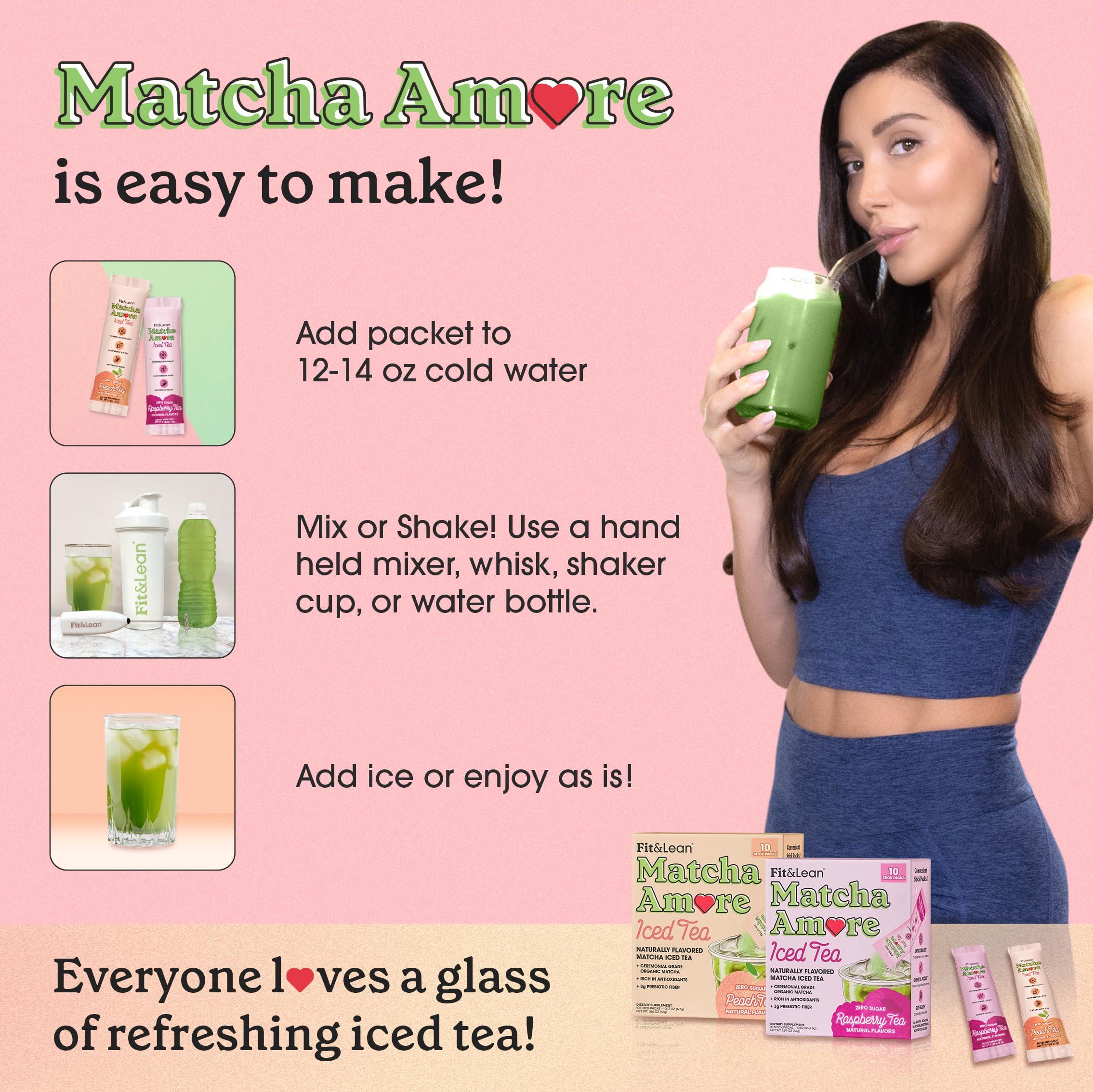 Fit & Lean Fit & Lean Matcha Amore Iced Tea, Fruit-Inspired Naturally Flavored Organic Ceremonial Grade Matcha Green Tea, Prebiotic Fiber, L-Theanine, Naturally Sweetened, NON-GMO, Zero Sugar, Raspberry Iced Tea, 10 Stick Packs