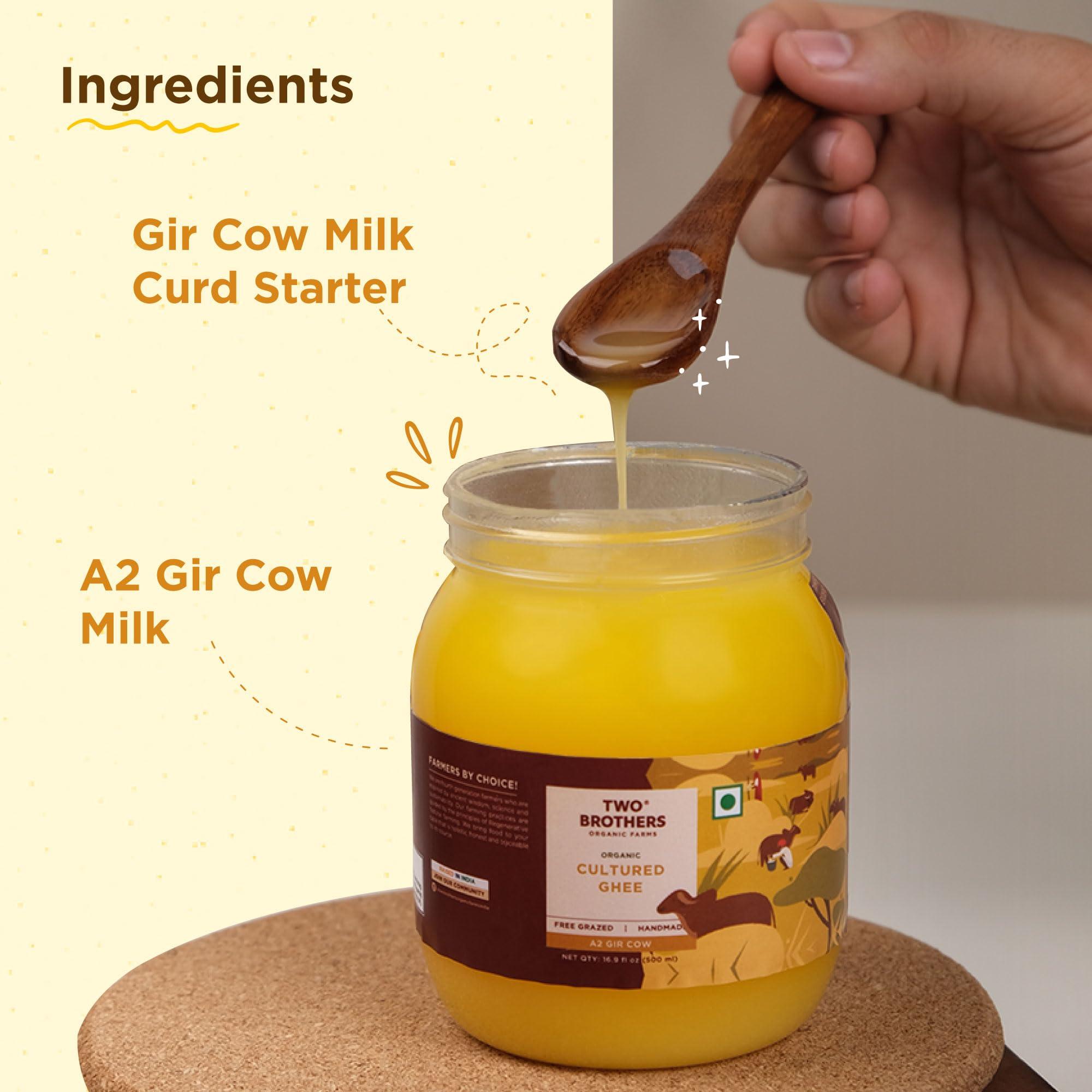 AMOREARTH - NATURAL.HEALTHY.FRESH Two Brothers Organic Farms - Grass Fed A2 Ghee 16 Fl Oz (500ml) | Clarified Butter | Cultured, Desi Gir Cow Ghee | Pasture Raised on Certified Organic Farm | Non-GMO, Lactose-Free, Keto Friendly | Made from Whole Curds in Small Batches | Glass Jar