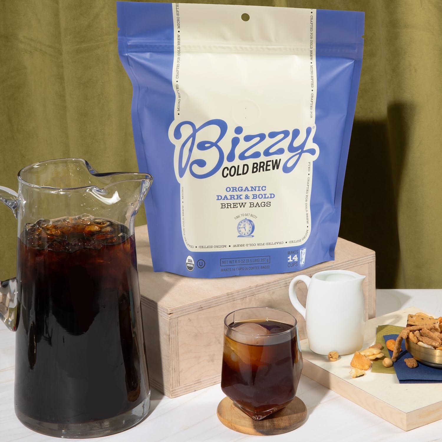 Bizzy Bizzy Organic Cold Brew Coffee | Dark & Bold Blend | Coarse Ground Coffee | Dark Roast | Micro Sifted | Specialty Grade | 100% Arabica | Brew Bags | 4 Count | Makes 14 Cups