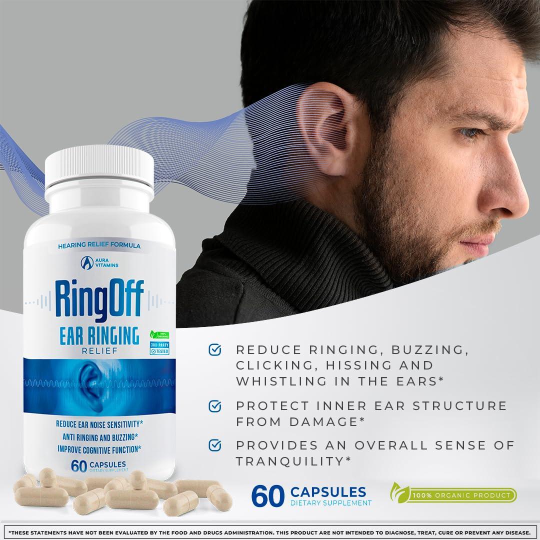 AURA VITAMINS Ring Off (120 Caps) Tinnitus Relief for Ringing Ears, Clear Tinnitus Quieting Ear Ringing Relief & Restoring Inner Peace, Ginkgo Biloba, Zinc Picolinate & More Effective Hearing Health Support