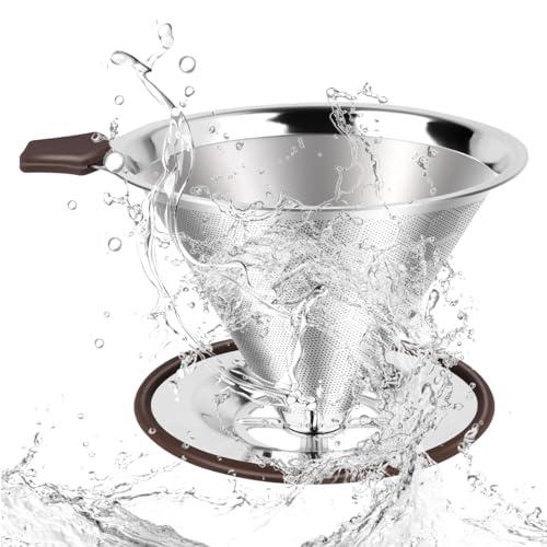 FACIACC FACIACC Pour Over Coffee Dripper, Professional Stainless Steel Coffee Filter, Paperless and Reusable, Upgraded Double Micro Mesh Filter with Spoon and Silicone Tray, Cleaning Brush (3-4 Cup)