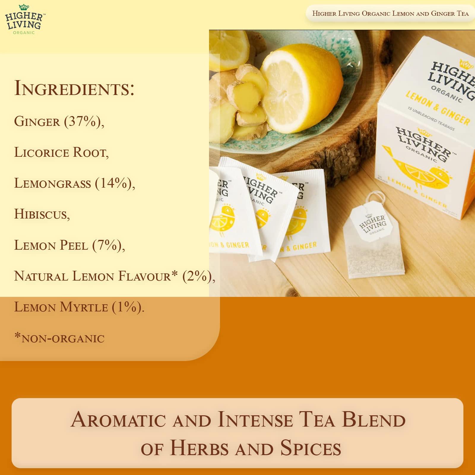 Higher Living Higher Living Organic Lemon & Ginger Herbal Tea - 15 Teabags | with Licorice Root, Lemongrass, Lemon Peel & More | Tangy & Spicy Flavor | Caffeine Free | Use as Hot or Iced Tea | 1.05oz/30g