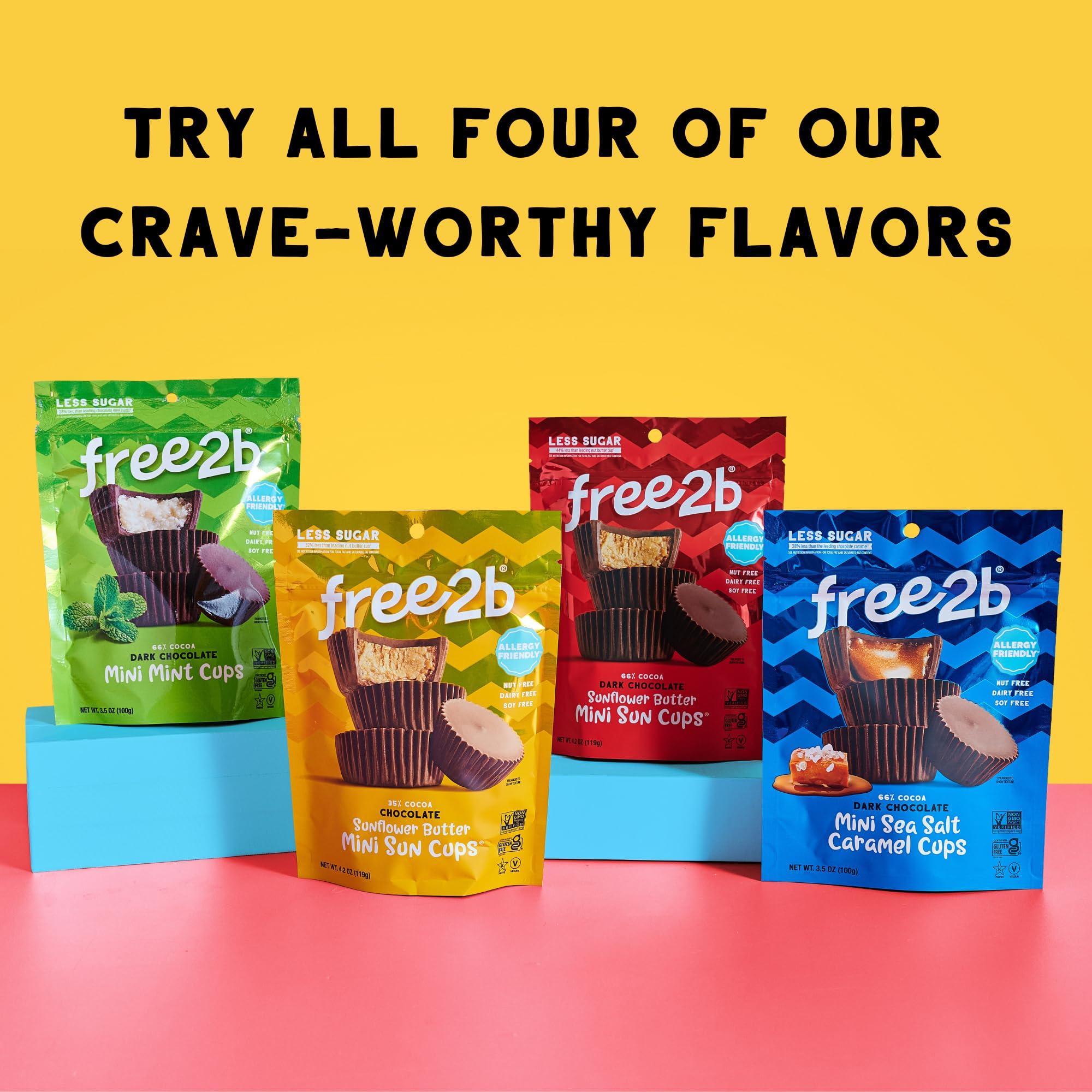 Free 2b Free 2b Sea Salt Caramel Mini Cups, Safe for School and Allergy Friendly - Gluten-Free, Dairy-Free, Nut-Free, and Soy-Free - Dark Chocolate, 3.5 oz Resealable Bag (Pack of 3)