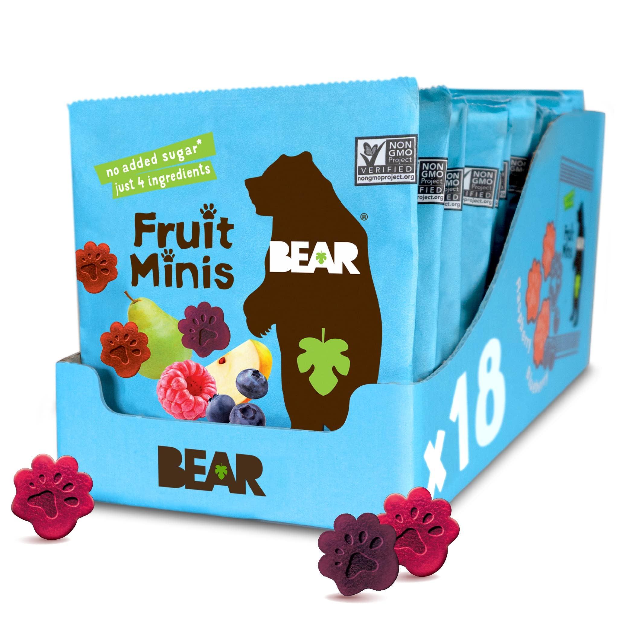 BEAR BEAR Real Fruit Snack Minis, Raspberry/Blueberry, No added Sugar, All Natural, Bite Sized Snacks for Kids, Non GMO, Gluten Free, Vegan, 0.7 Oz (Pack of 18)