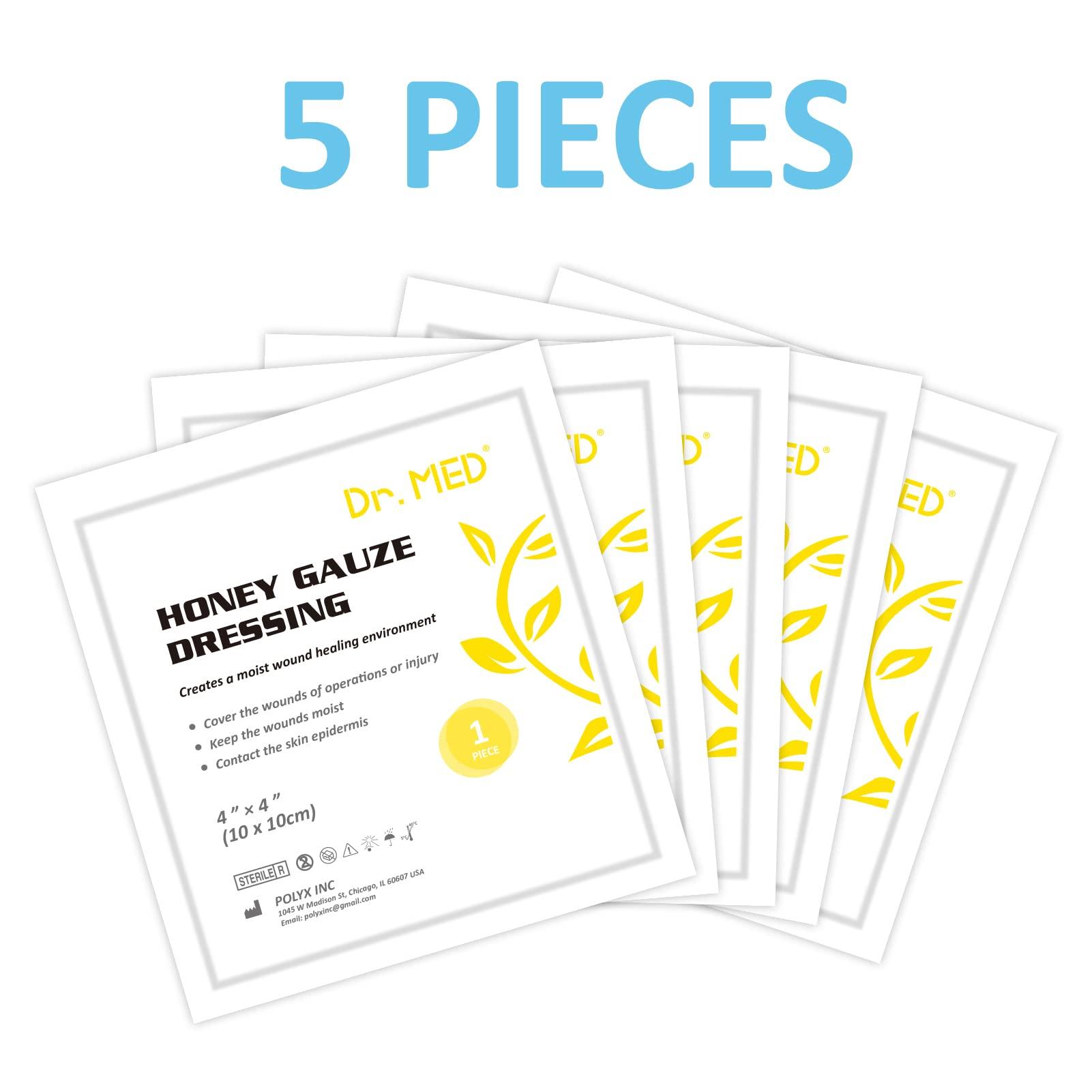 Dr. Med Dr. Med Manuka Honey Gauze Dressing 4\" x 4\", (5 PCS/Box) Honey Medical Bandage Wound Care Patch for Minor Abrasions, Cuts, Lacerations, Scald and Burns for Wound Healing, Chemical and Drug Free