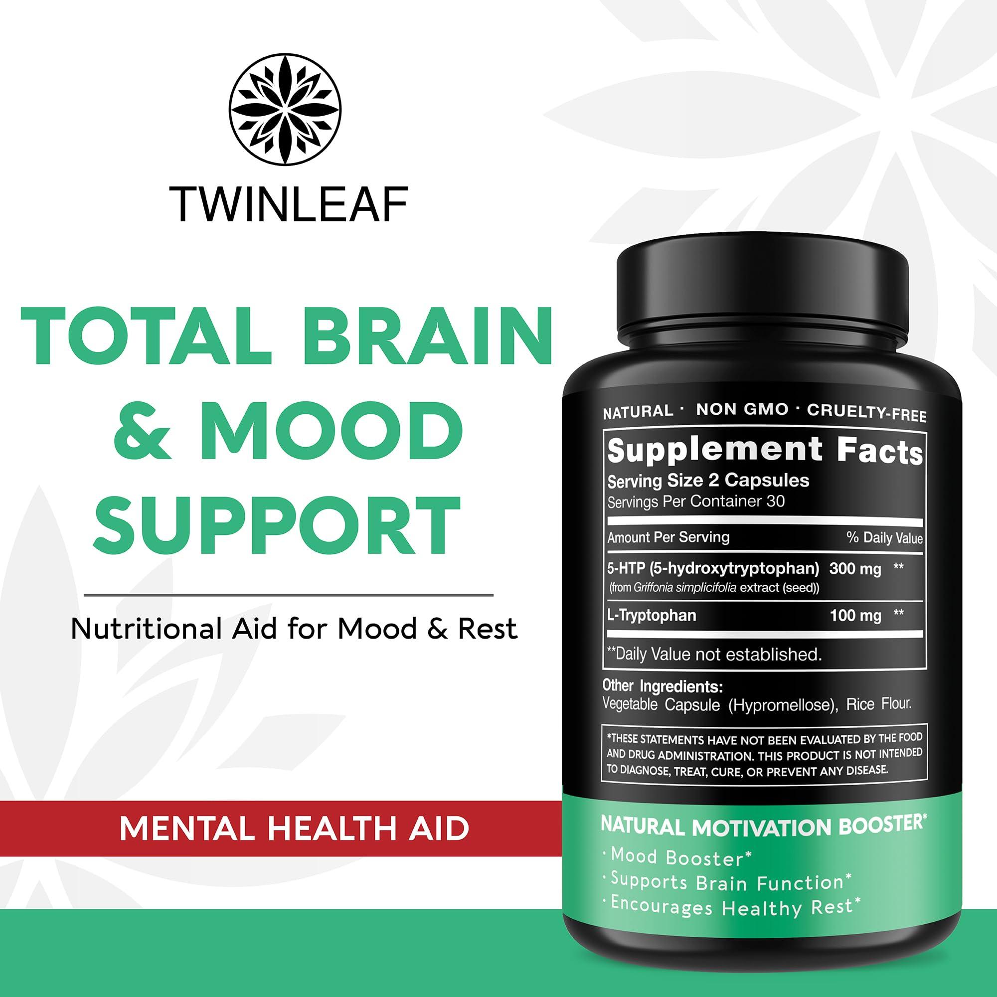 TWINLEAF TWINLEAF 5 HTP Supplement for Mood Support - Made in USA - Natural 5-HTP & L-tryptophan Capsules - 5-HTP Booster for Men & Women - Proprietary Formula for Mood and Relaxation - 60 Vegan Capsules