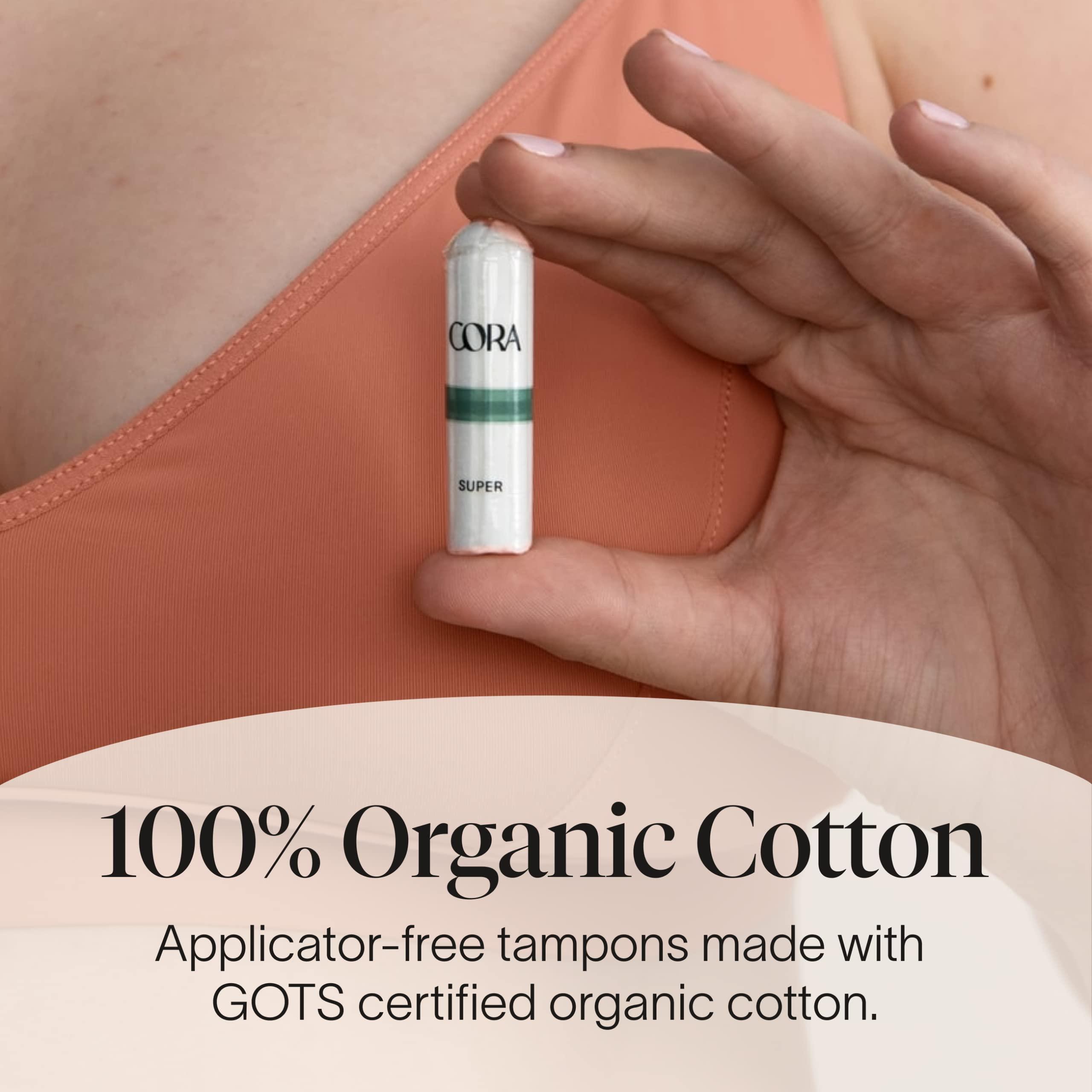 Cora Cora 100% Organic Cotton Non-Applicator Tampons | Ultra-Absorbent, Unscented, Natural, Non-Toxic, Applicator Free | Eco-Conscious S/S+ (36 S Tampons)