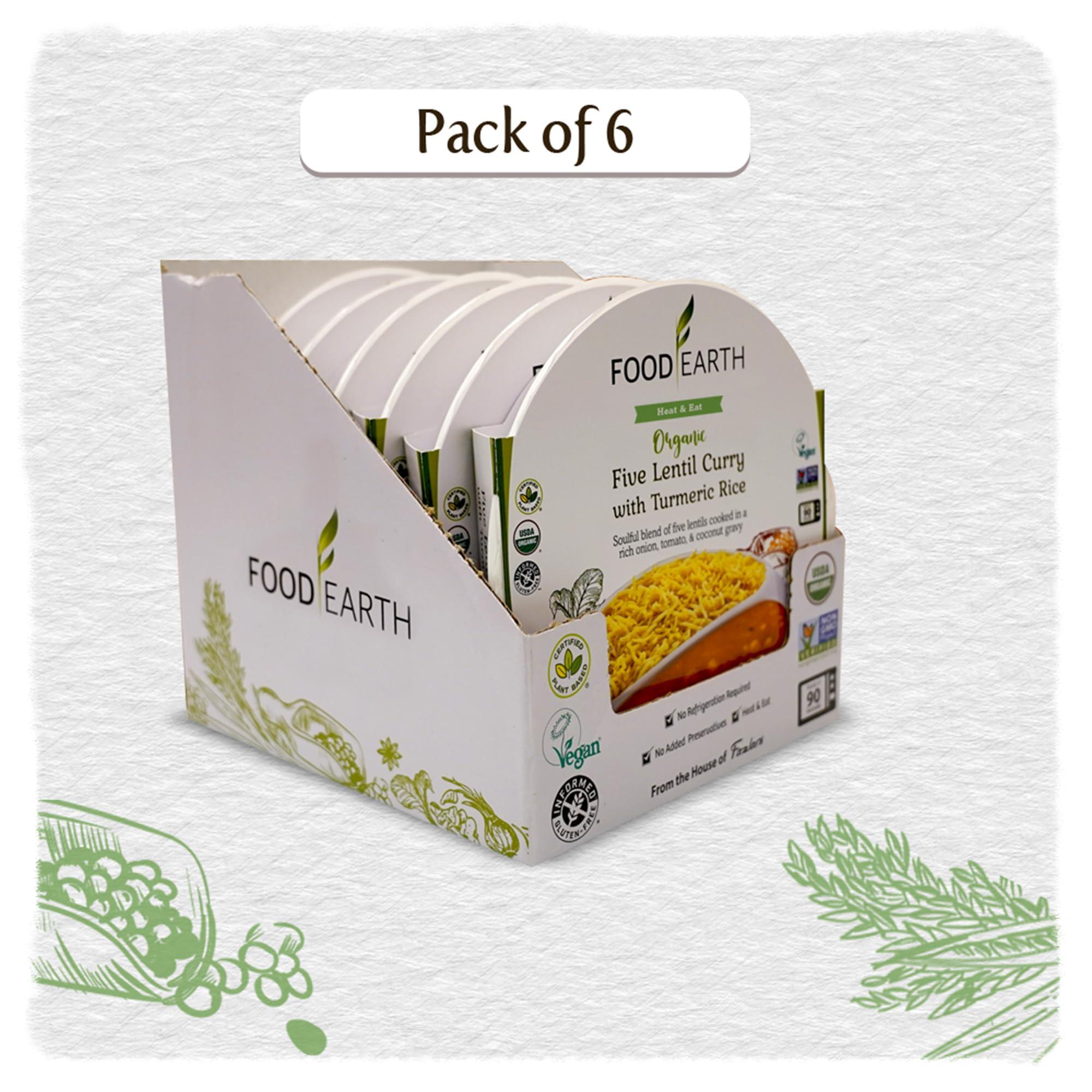 Food Earth Food Earth Ready to Eat Indian Cuisine - Five Lentil Curry with Turmeric Rice - Microwavable, Pre-packaged & Lunchable- Organic, Vegan, Gluten-Free, GMO-Free, Plant-Based - 10.58 oz each - Pack of 6