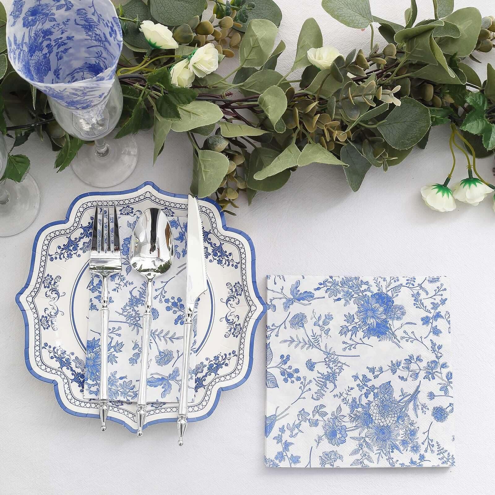 TABLECLOTHSFACTORY.COM Tableclothsfactory 20 Pack | White/Blue Chinoiserie Floral Print 2-Ply Paper Napkins, Disposable Dinner Napkins