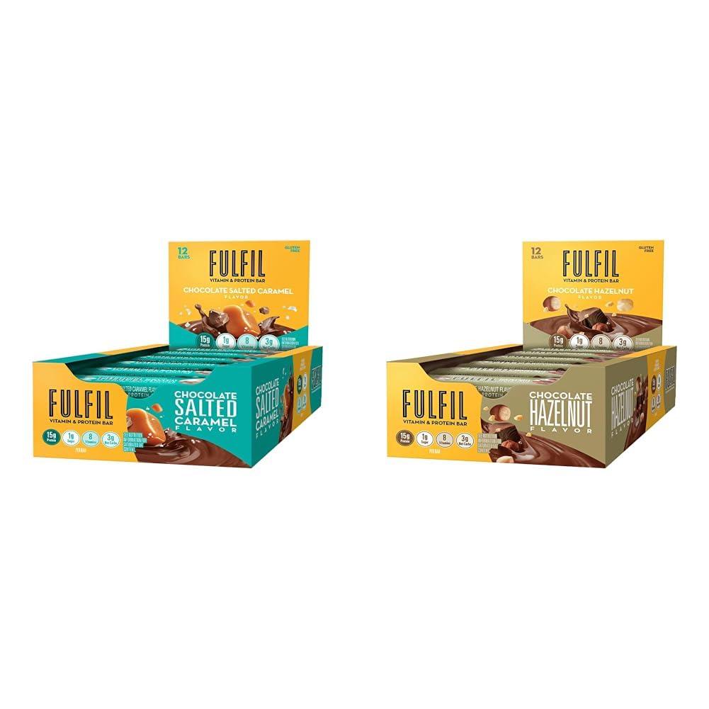 Fulfil FULFIL Vitamin and Protein Bars, Chocolate Salted Caramel, Snack Sized Bar with 15g Protein & Vitamin and Protein Bars, Hazelnut, Snack Sized Bar with 15 g Protein and 8 Vitamins