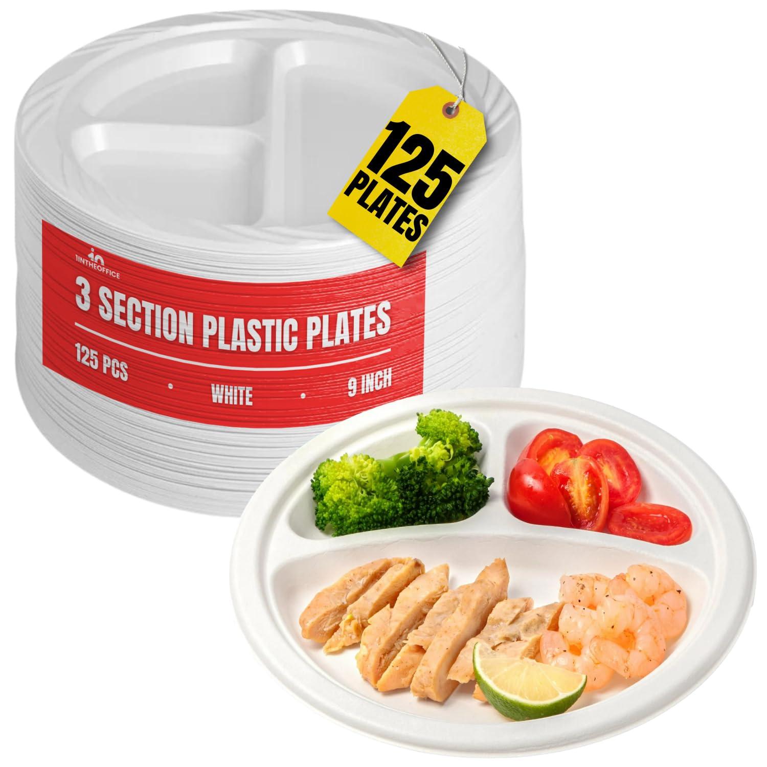 1InTheHome 1InTheHome 3 Compartment plates 9 inch Plastic Sectional Plates, Disposable Plates with Compartment, Round White Sectional Plates 9-inch diameter 125 pcs