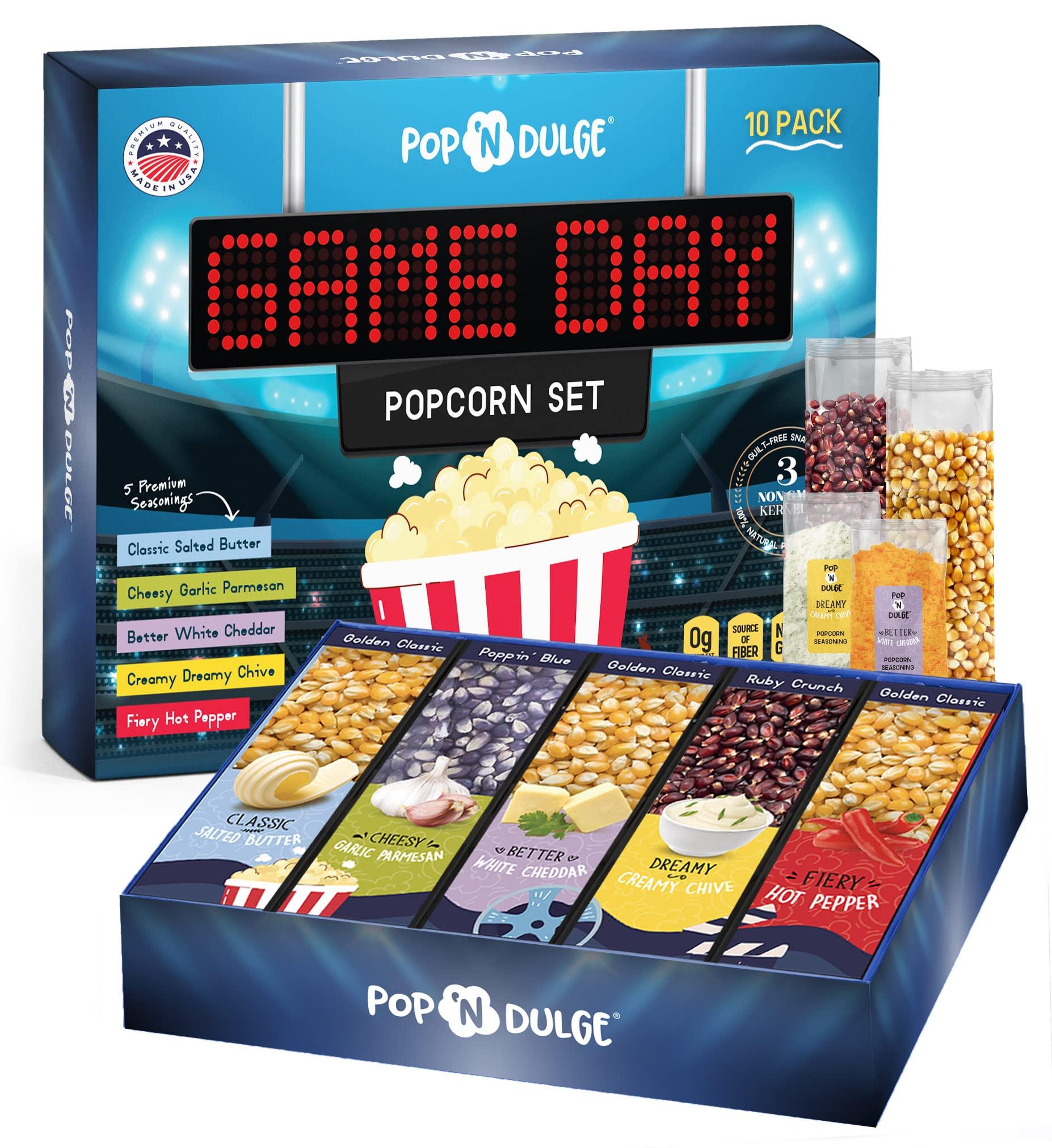 Pop n' Dulge Game Day Movie Night Popcorn Gift Set Gifts For Men Family Gifts Party Supplies, 5 Non-GMO Gourmet Popcorn Kernels and 5 Popcorn Seasoning Flavoring - 10 Pack